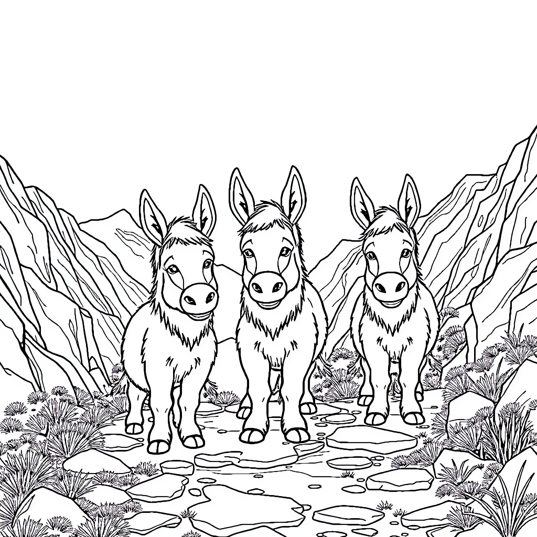 Donkeys standing together in a mountainous landscape Coloring Page (free black-and-white line drawing printable PDF for all, from beginners to advanced learners, including children, teens, adults, and seniors)