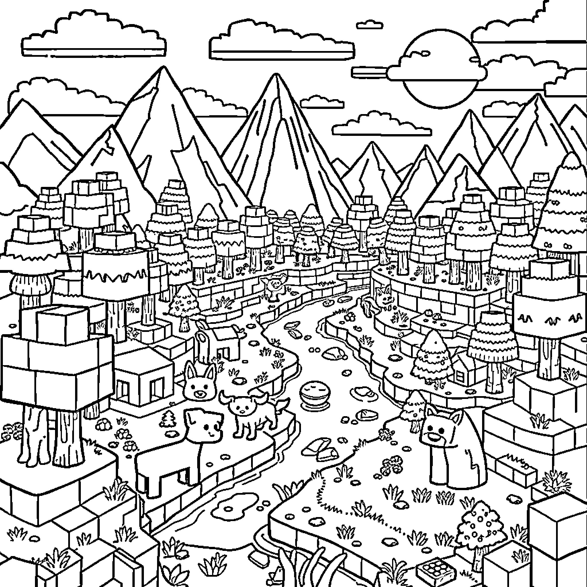 Minecraft Fantastical Landscape with Mountain Peaks Coloring Page (free black-and-white line drawing printable PDF for all, from beginners to advanced learners, including children, teens, adults, and seniors)