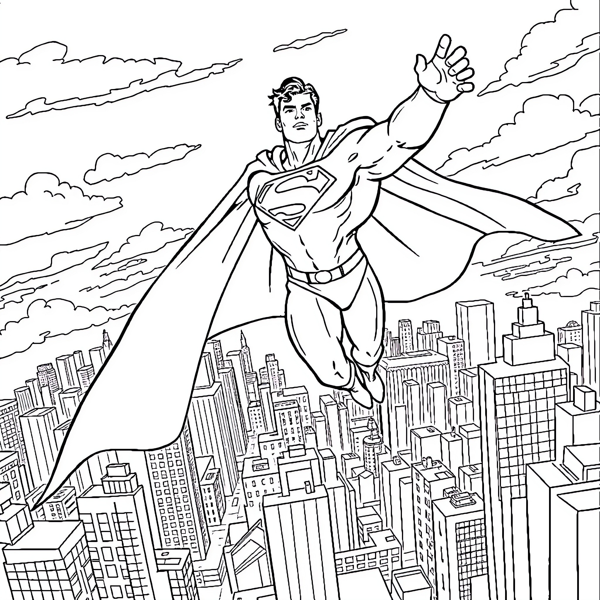 Superman soaring over the city with outstretched arms Coloring Page (free black-and-white line drawing printable PDF for all, from beginners to advanced learners, including children, teens, adults, and seniors)