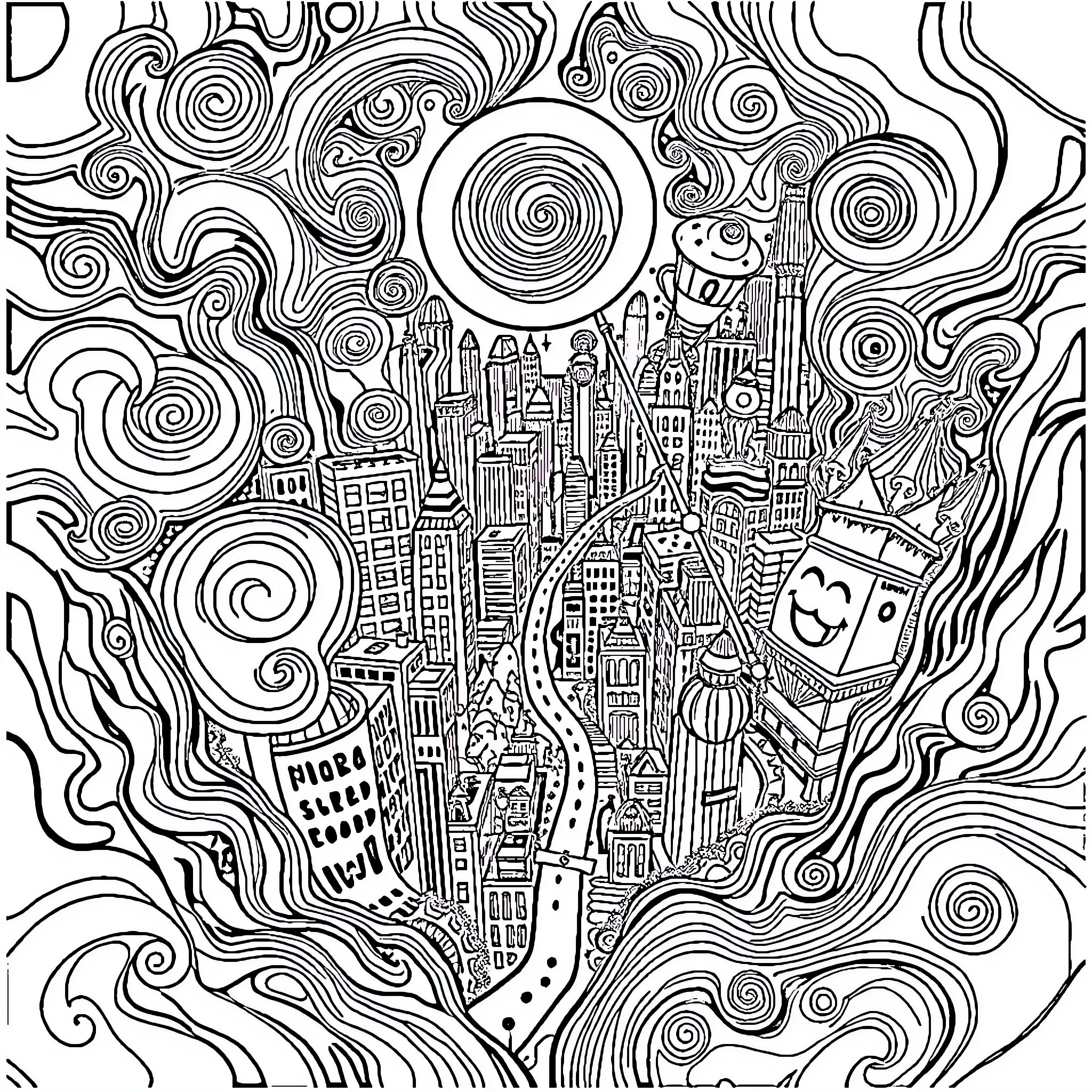 City of Swirling Imagination Coloring Page (free black-and-white line drawing printable PDF for all, from beginners to advanced learners, including children, teens, adults, and seniors)