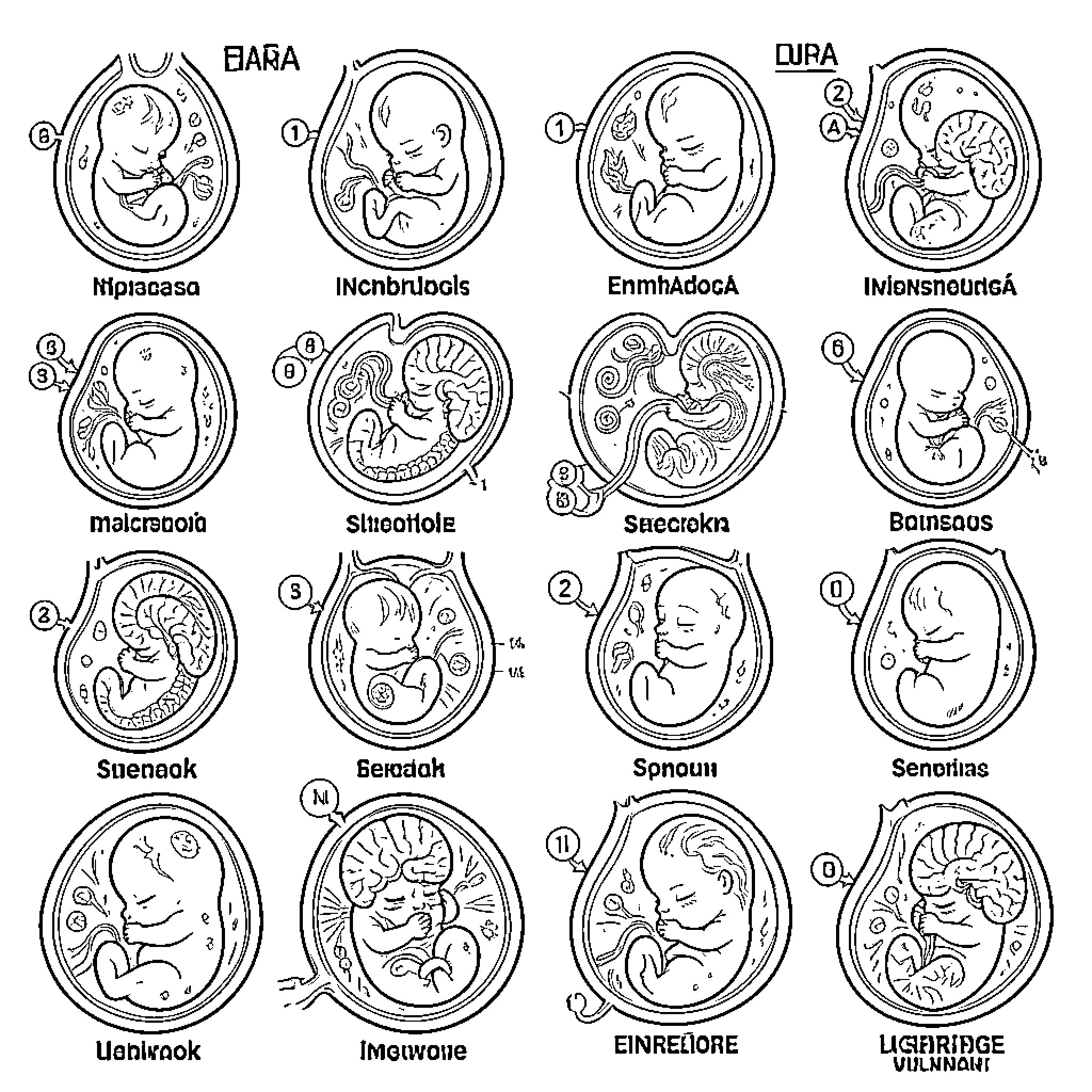 Embryo development stages illustrated Coloring Page (free black-and-white line drawing printable PDF for all, from beginners to advanced learners, including children, teens, adults, and seniors)