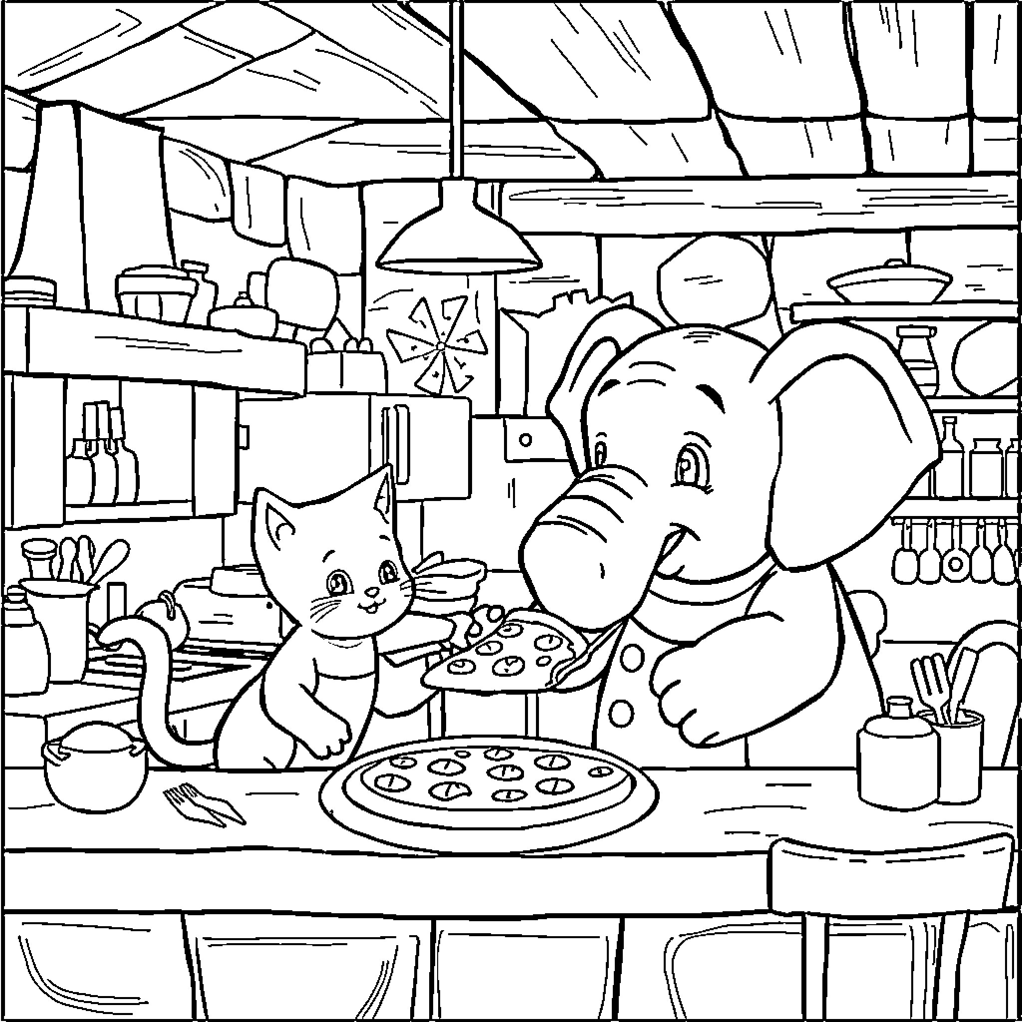 Cat and Elephant Cooking Together in the Kitchen Coloring Page (free black-and-white line drawing printable PDF for all, from beginners to advanced learners, including children, teens, adults, and seniors)