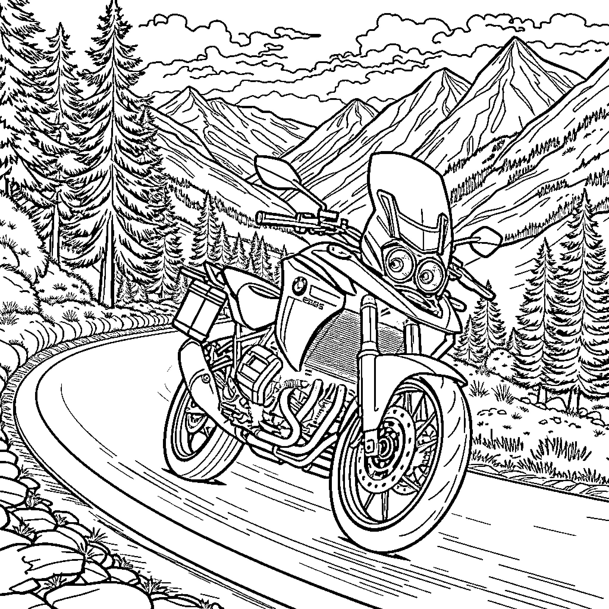 BMW Motorcycle Riding Through the Mountains Coloring Page (free black-and-white line drawing printable PDF for all, from beginners to advanced learners, including children, teens, adults, and seniors)