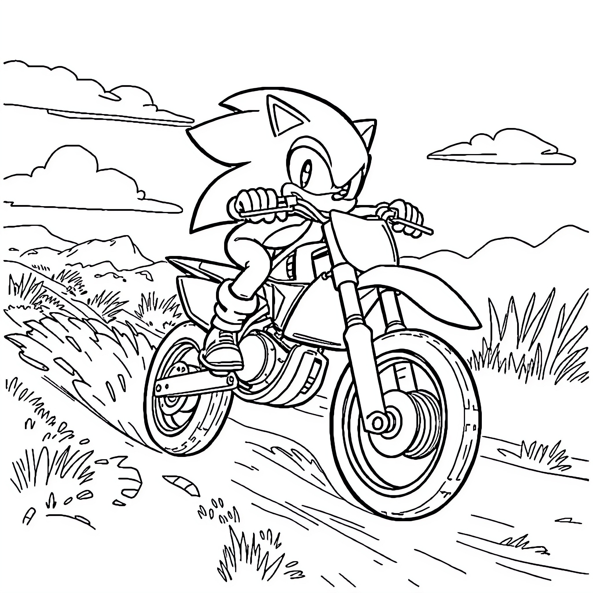 Sonic riding a motorcycle through the countryside Coloring Page (free black-and-white line drawing printable PDF for all, from beginners to advanced learners, including children, teens, adults, and seniors)