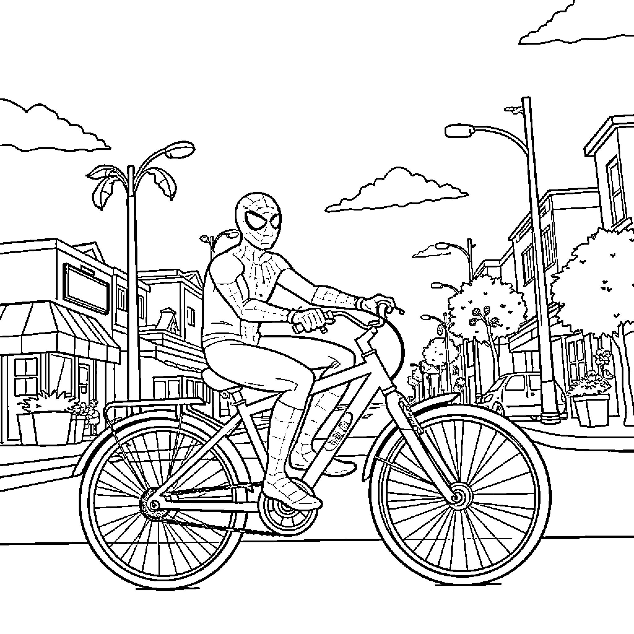 Spiderman goes cycling through the city streets Coloring Page (free black-and-white line drawing printable PDF for all, from beginners to advanced learners, including children, teens, adults, and seniors)
