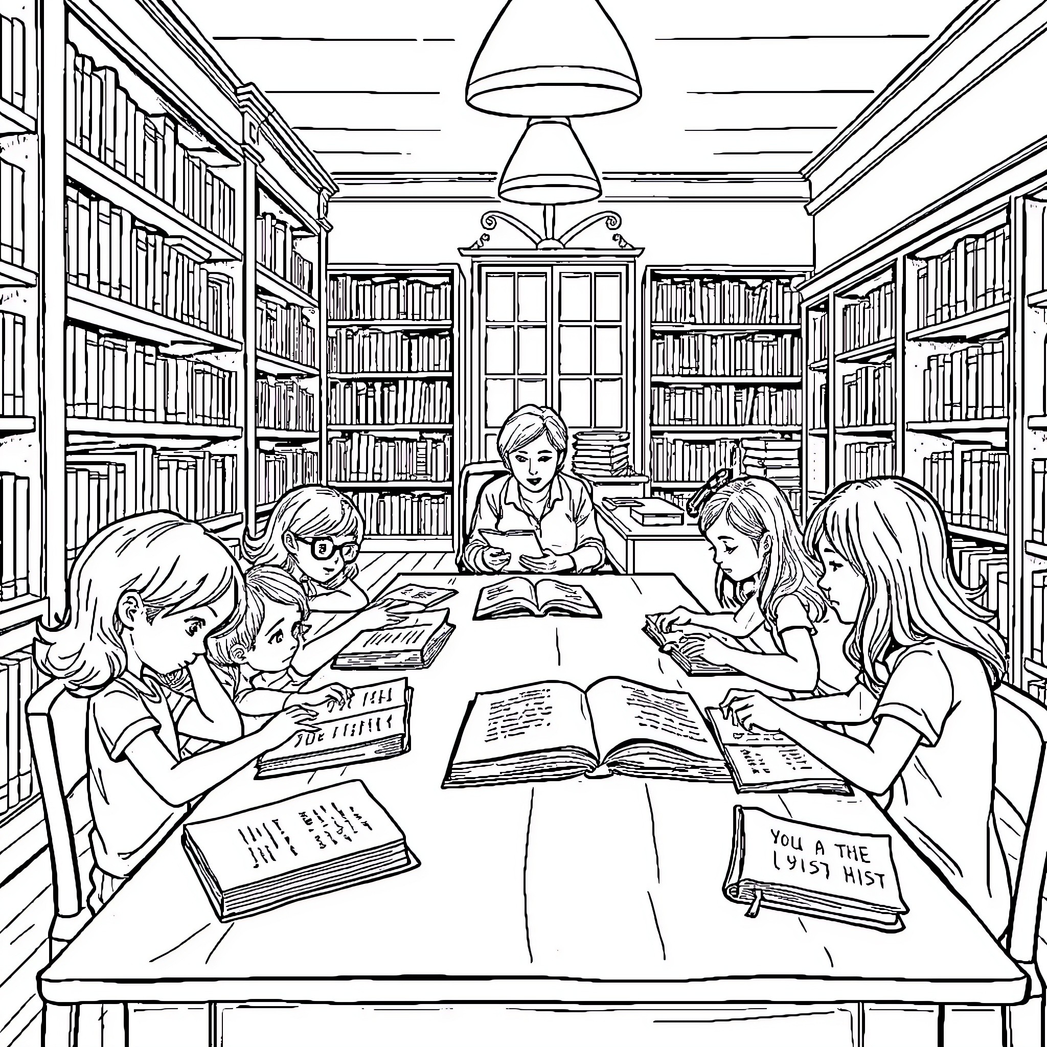 Bibliothèque: Students Studying Intently in the Library Coloring Page (free black-and-white line drawing printable PDF for all, from beginners to advanced learners, including children, teens, adults, and seniors)
