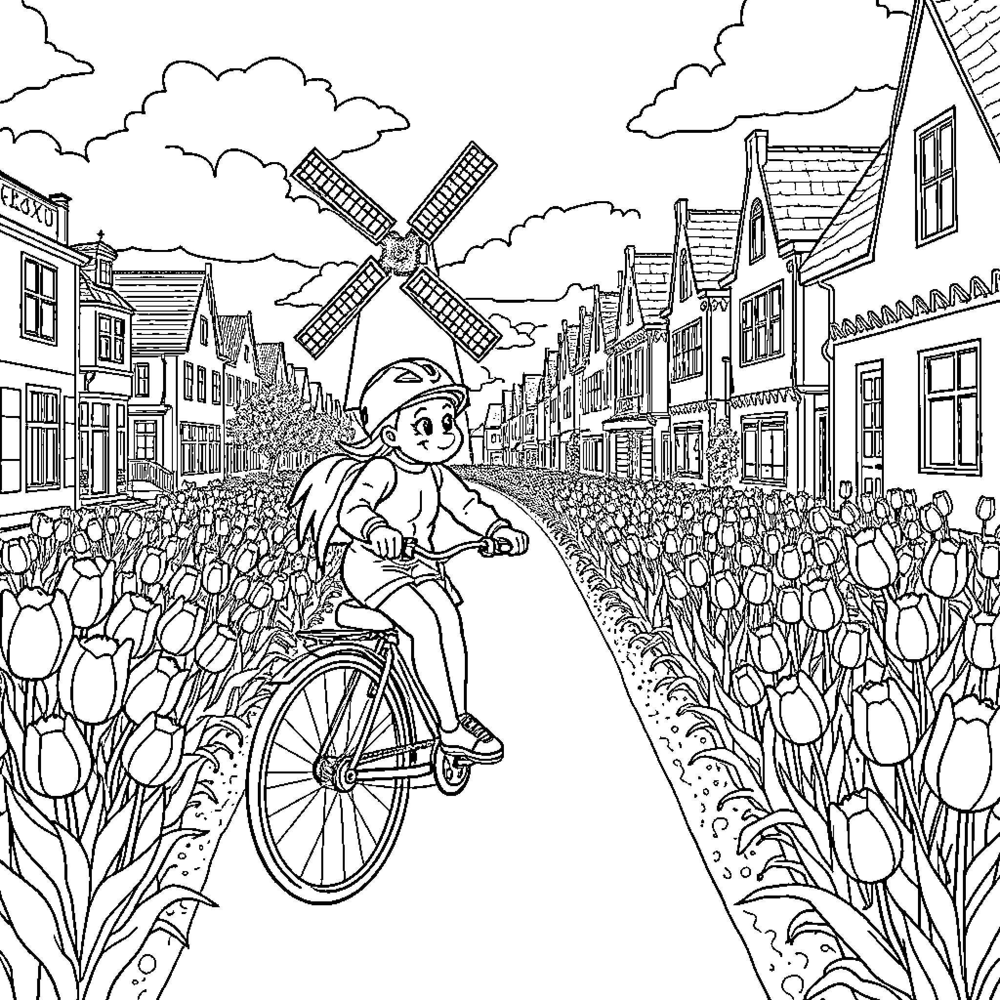 Condorito riding a bicycle through a tulip field Coloring Page (free black-and-white line drawing printable PDF for all, from beginners to advanced learners, including children, teens, adults, and seniors)