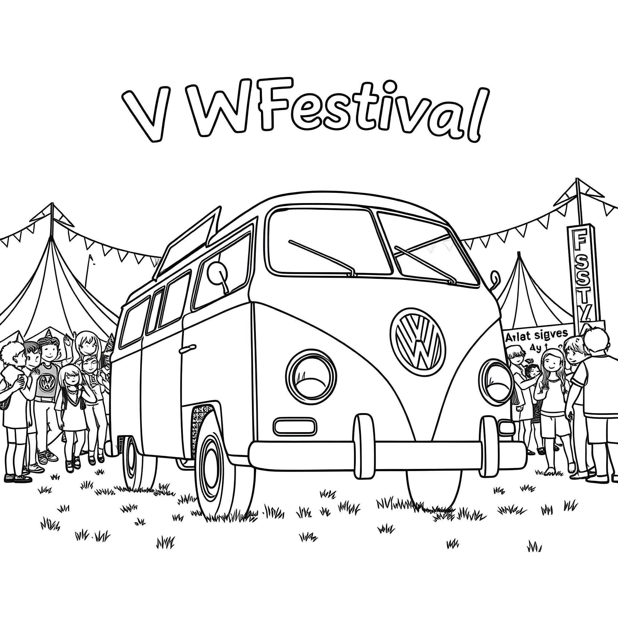 Campervan at the VW Festival with people Coloring Page (free black-and-white line drawing printable PDF for all, from beginners to advanced learners, including children, teens, adults, and seniors)