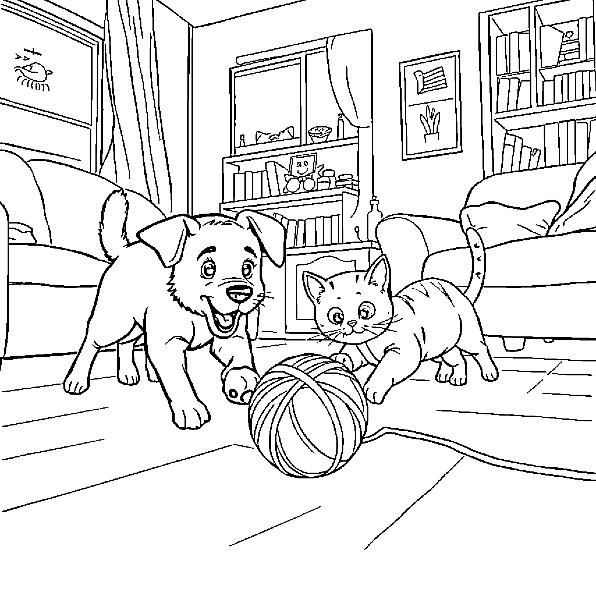 Dog and Cat Playing with Ball in Room Coloring Page (free black-and-white line drawing printable PDF for all, from beginners to advanced learners, including children, teens, adults, and seniors)