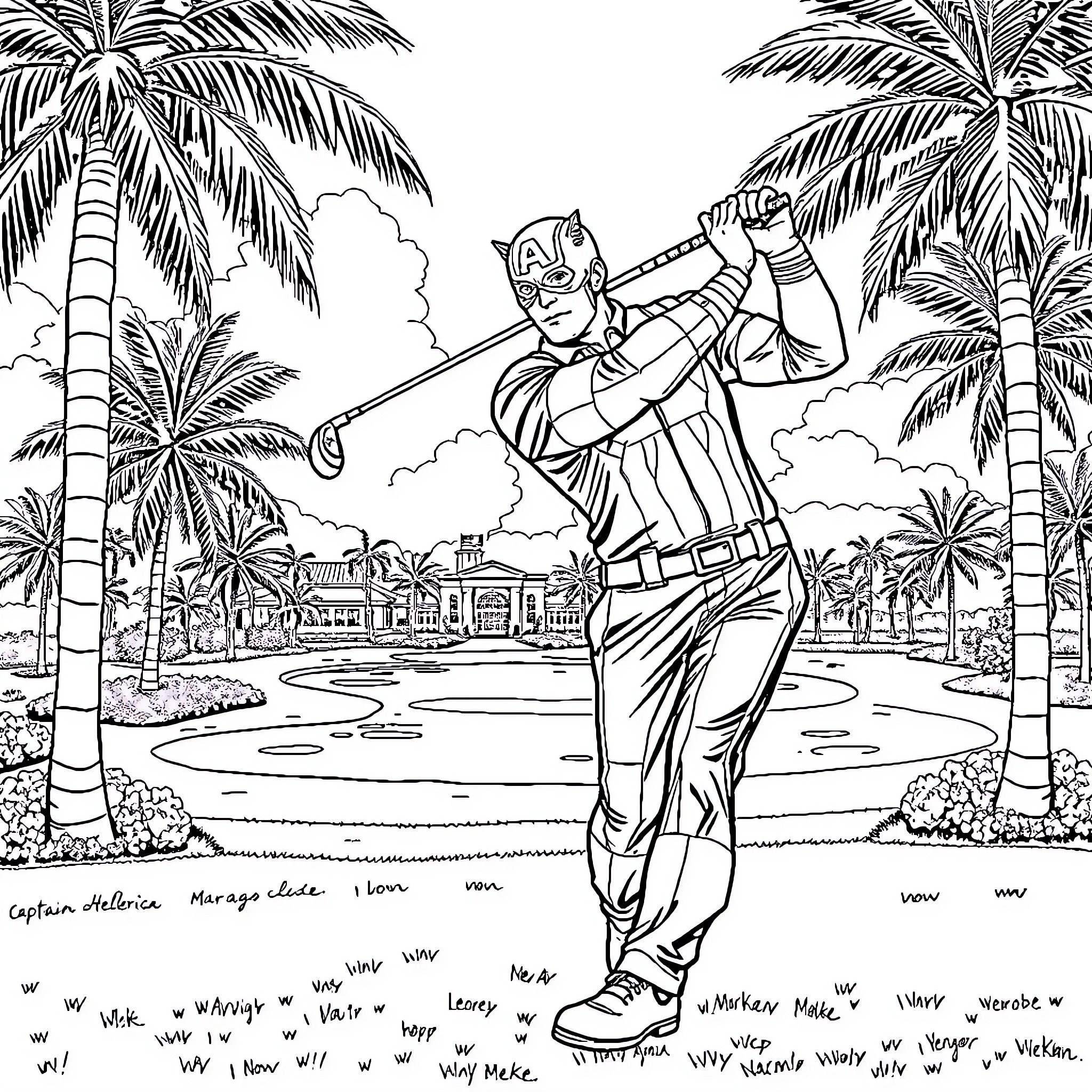 Captain America Golfing in Tropical Paradise Coloring Page (free black-and-white line drawing printable PDF for all, from beginners to advanced learners, including children, teens, adults, and seniors)