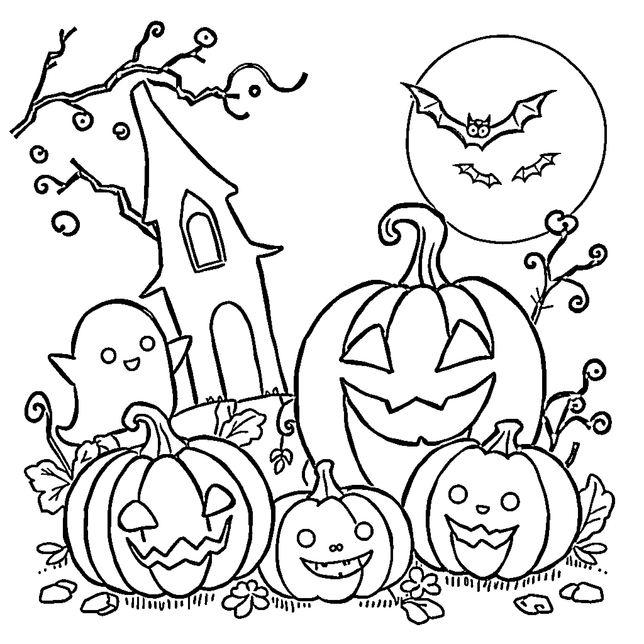Halloween spooky scene with haunted house and pumpkins Coloring Page (free black-and-white line drawing printable PDF for all, from beginners to advanced learners, including children, teens, adults, and seniors)