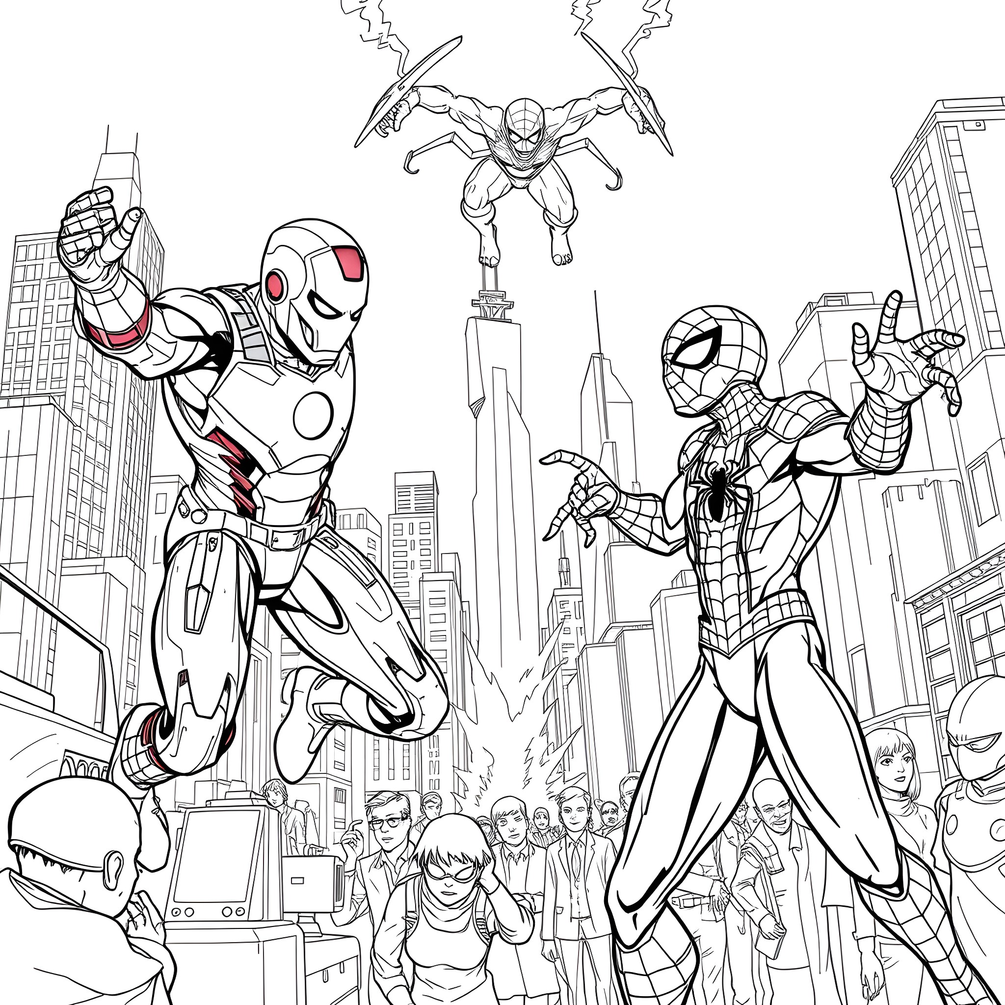 Iron Man and Spider-Man saving the city Coloring Page (free black-and-white line drawing printable PDF for all, from beginners to advanced learners, including children, teens, adults, and seniors)