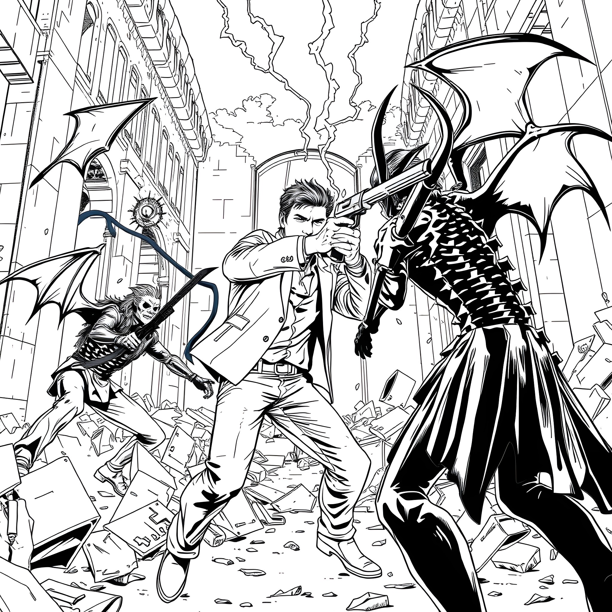 Dean Winchester battling supernatural forces in the city Coloring Page (free black-and-white line drawing printable PDF for all, from beginners to advanced learners, including children, teens, adults, and seniors)