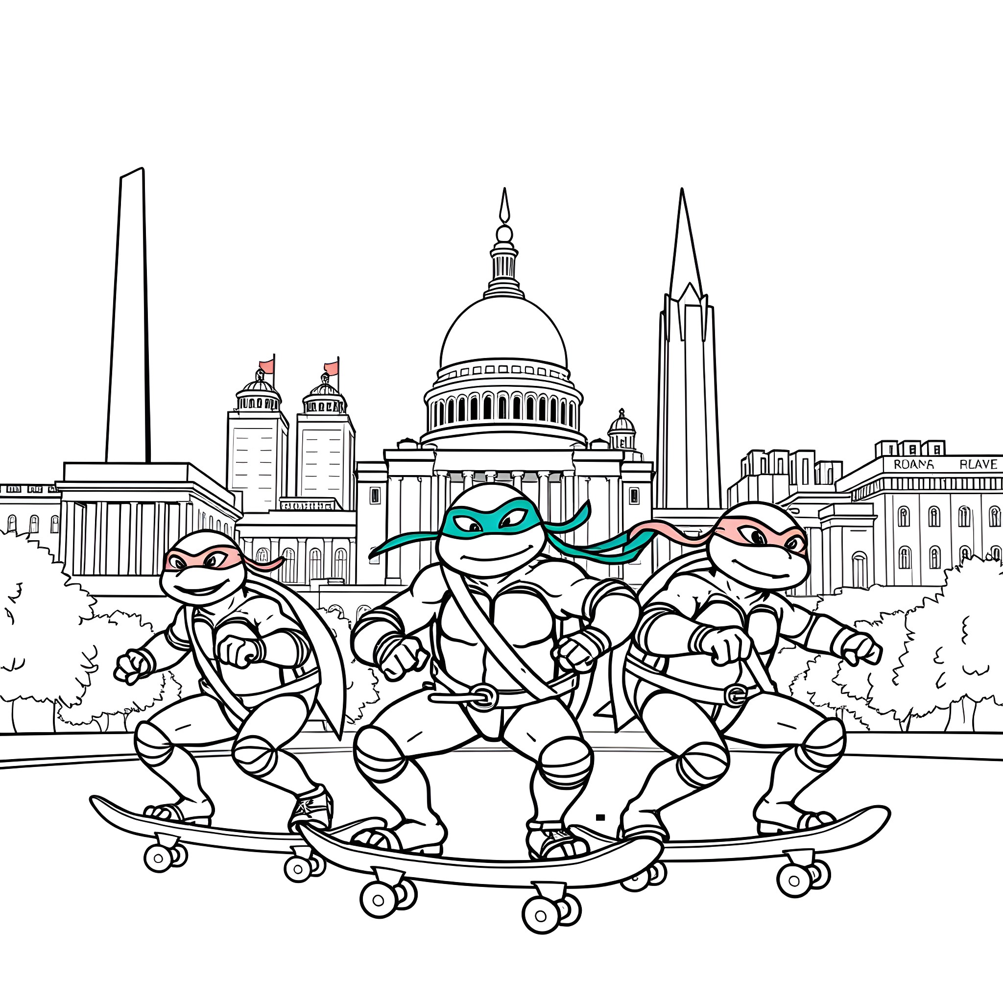 Teenage Mutant Ninja Turtles skateboarding in the city Coloring Page (free black-and-white line drawing printable PDF for all, from beginners to advanced learners, including children, teens, adults, and seniors)