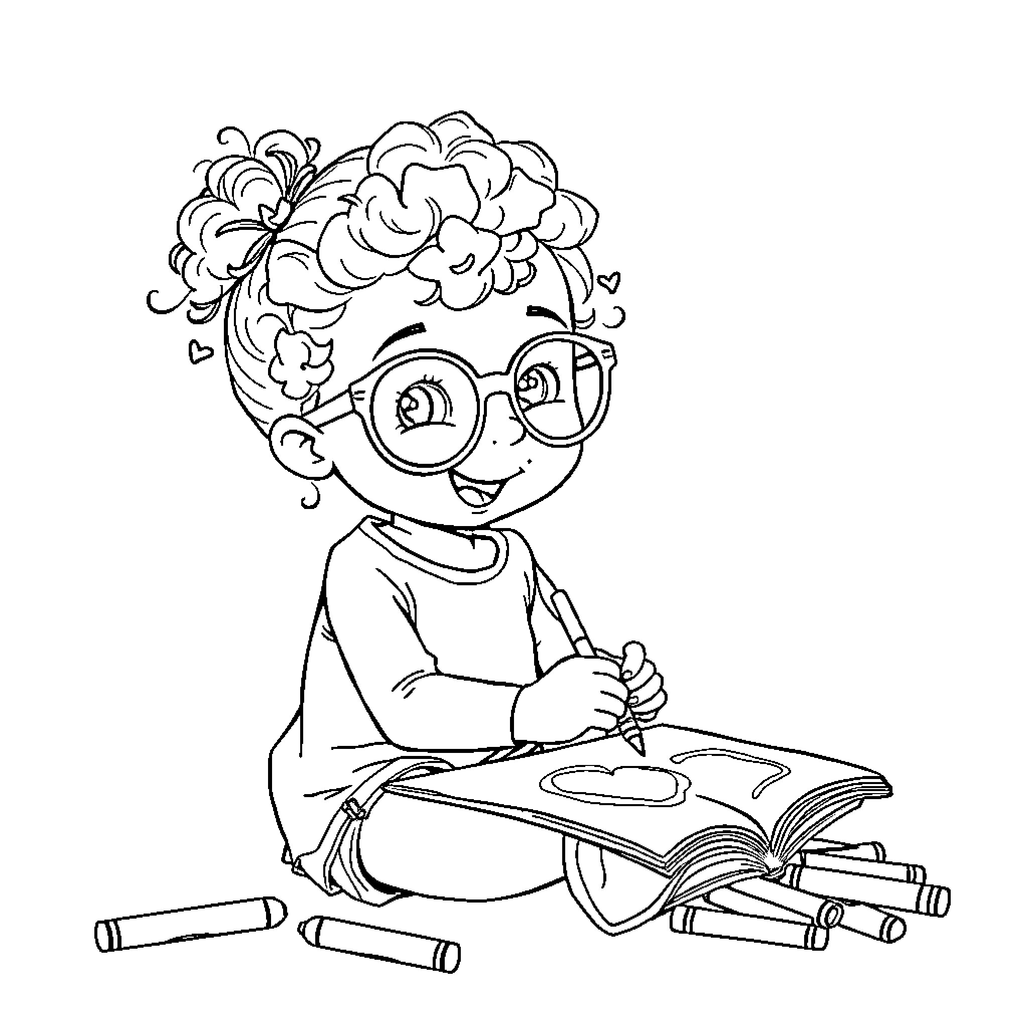 Girl Studying Joyfully with Books and Pencils Coloring Page (free black-and-white line drawing printable PDF for all, from beginners to advanced learners, including children, teens, adults, and seniors)