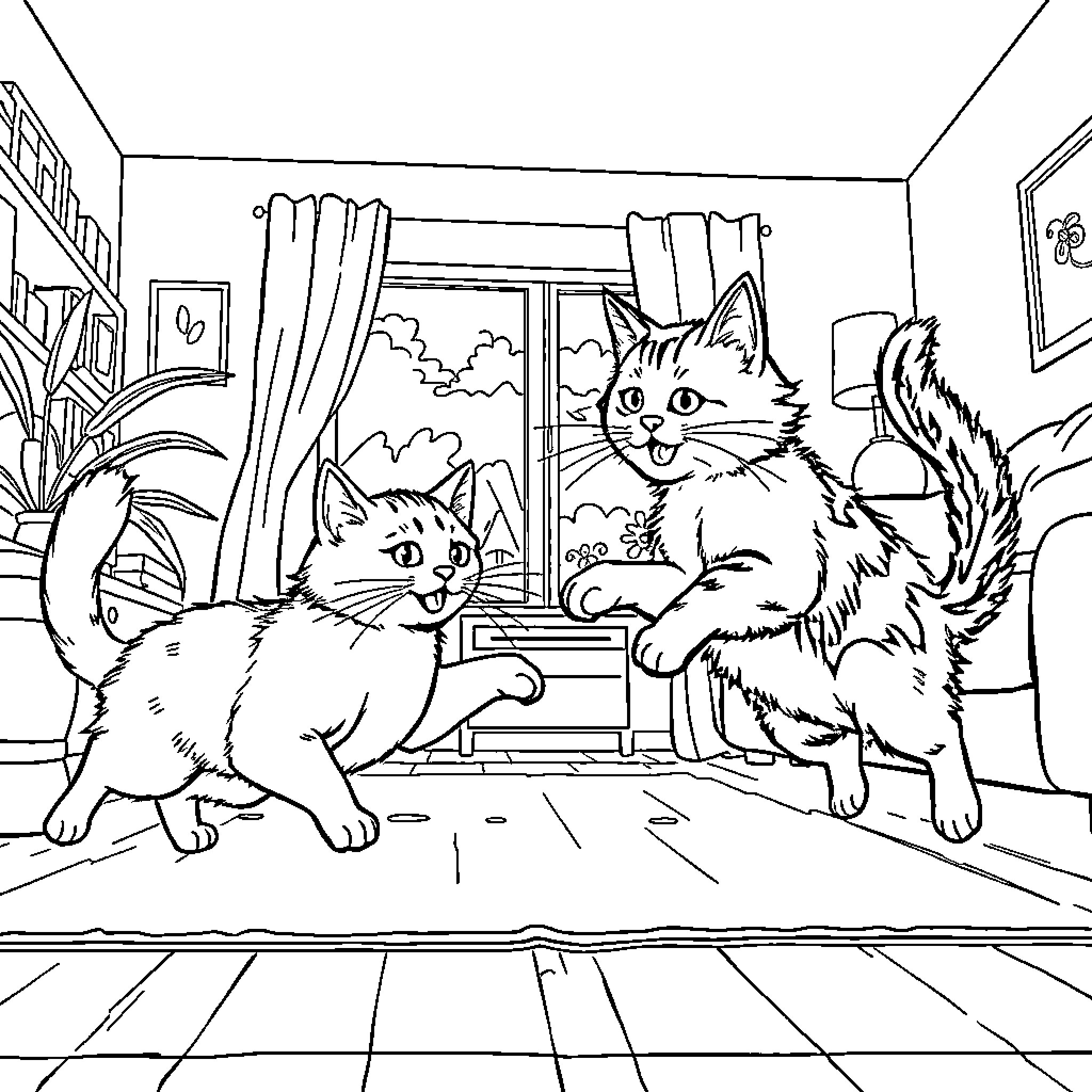 Cat friends playing indoors near window Coloring Page (free black-and-white line drawing printable PDF for all, from beginners to advanced learners, including children, teens, adults, and seniors)