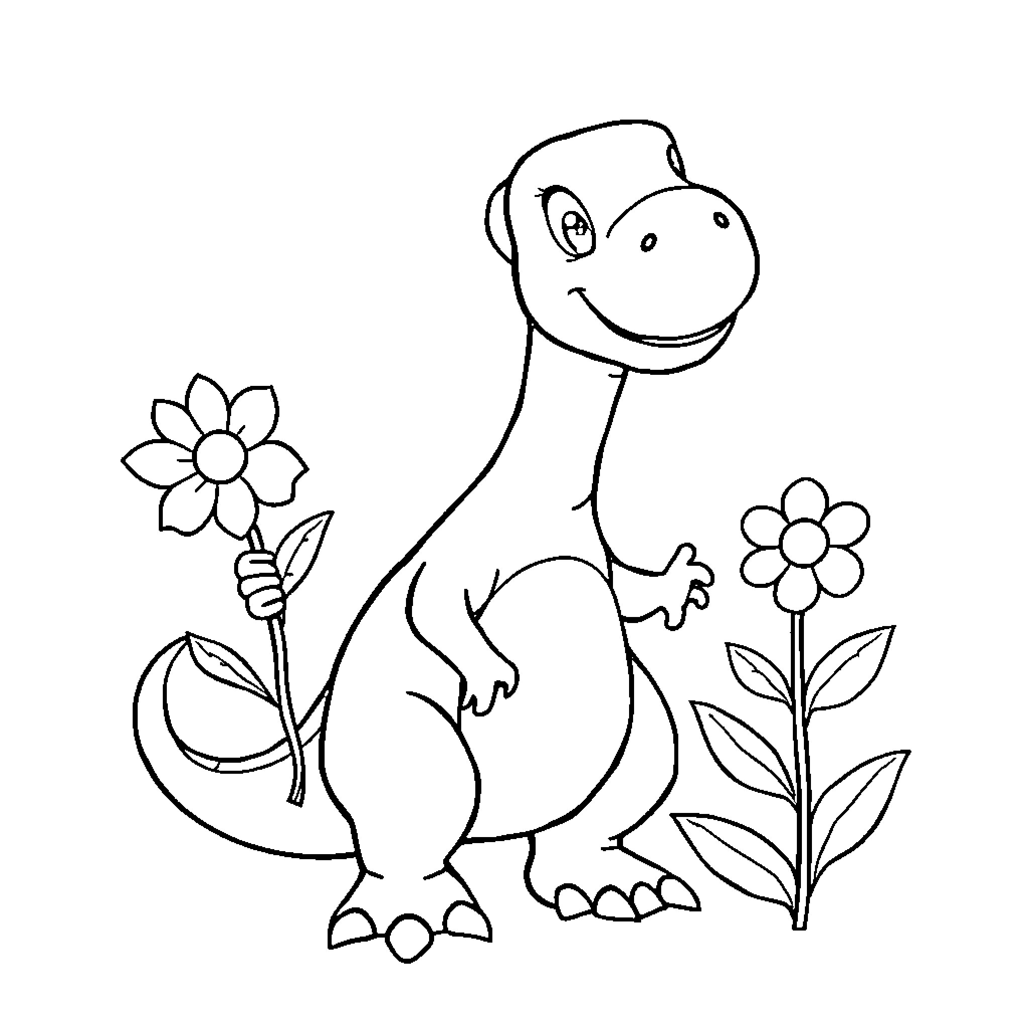 Dinosaur happily playing with flowers Coloring Page (free black-and-white line drawing printable PDF for all, from beginners to advanced learners, including children, teens, adults, and seniors)