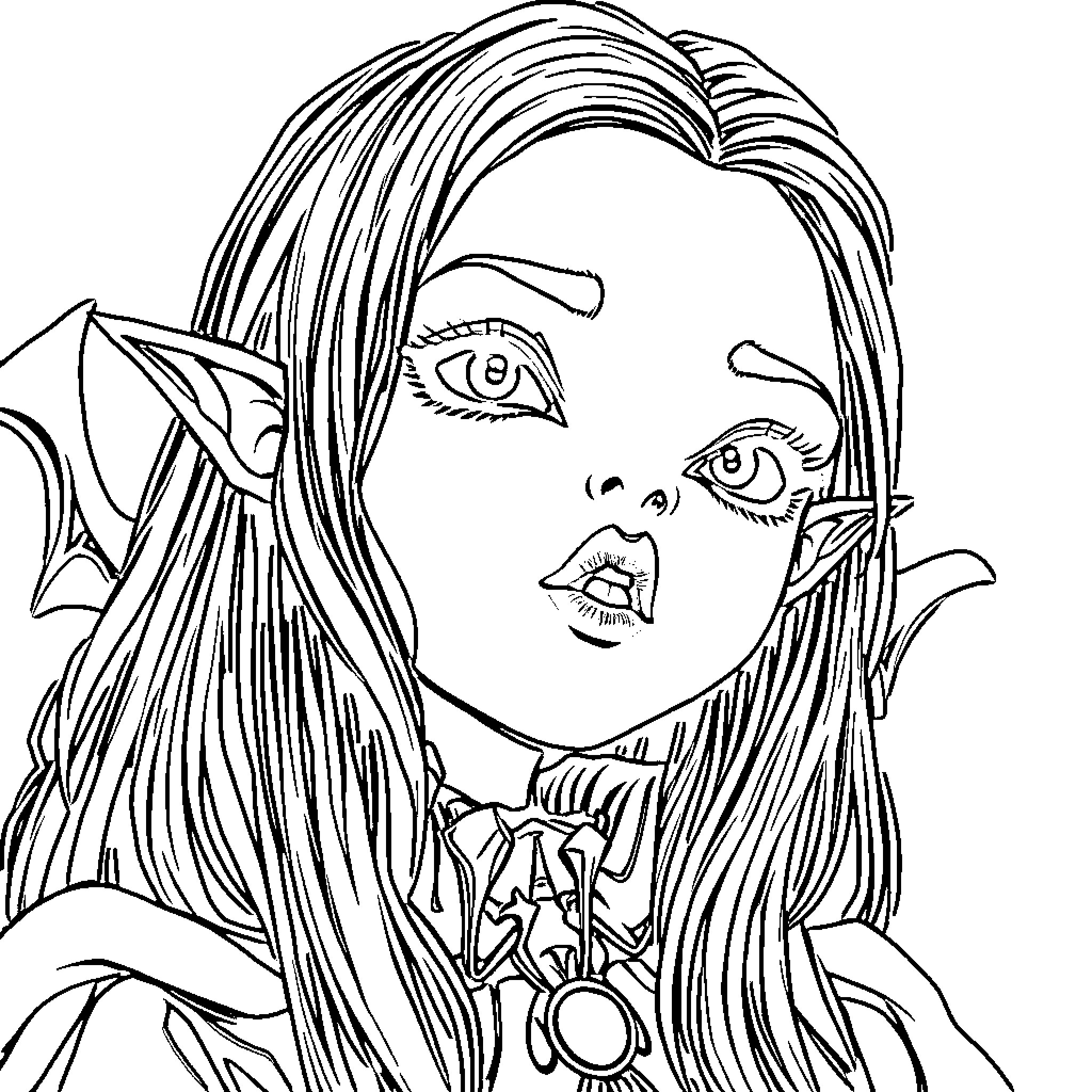 Vampire lady with mystical expression and outfit Coloring Page (free black-and-white line drawing printable PDF for all, from beginners to advanced learners, including children, teens, adults, and seniors)