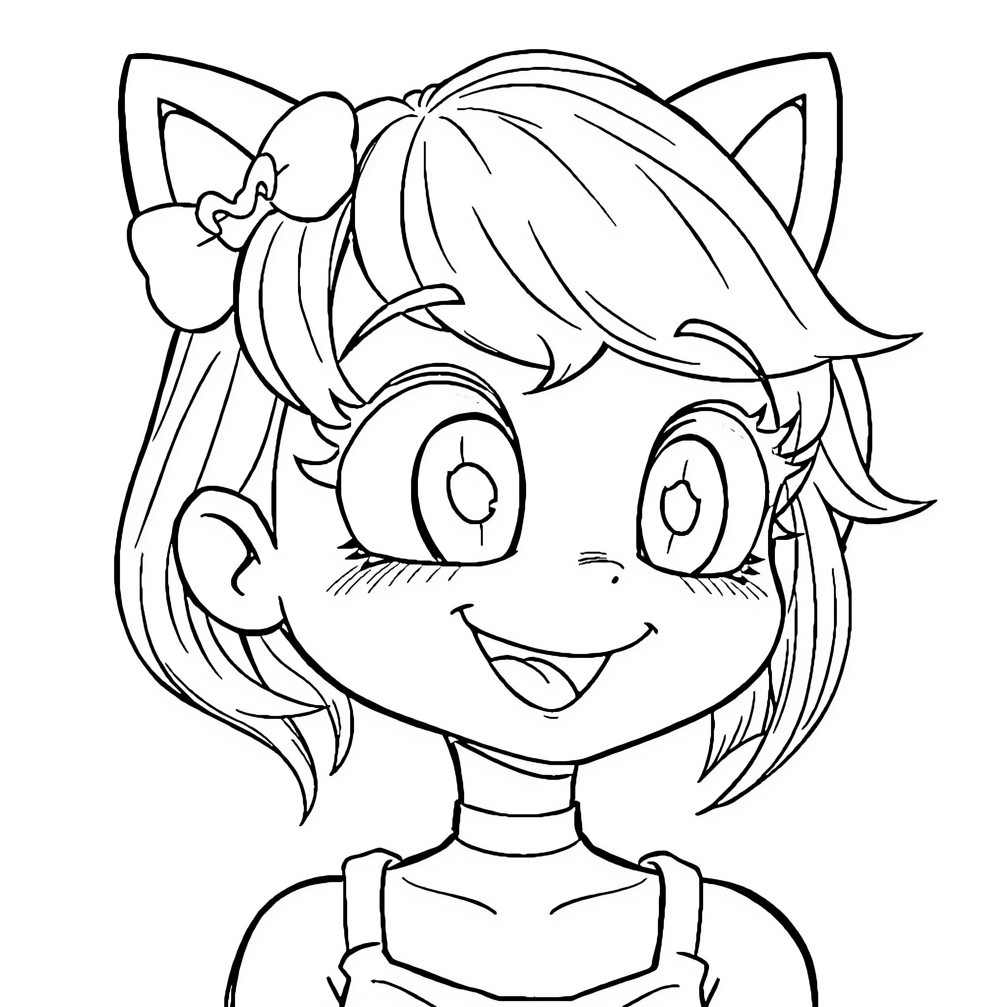 Femboy with cat-like features and a cheerful expression Coloring Page (free black-and-white line drawing printable PDF for all, from beginners to advanced learners, including children, teens, adults, and seniors)