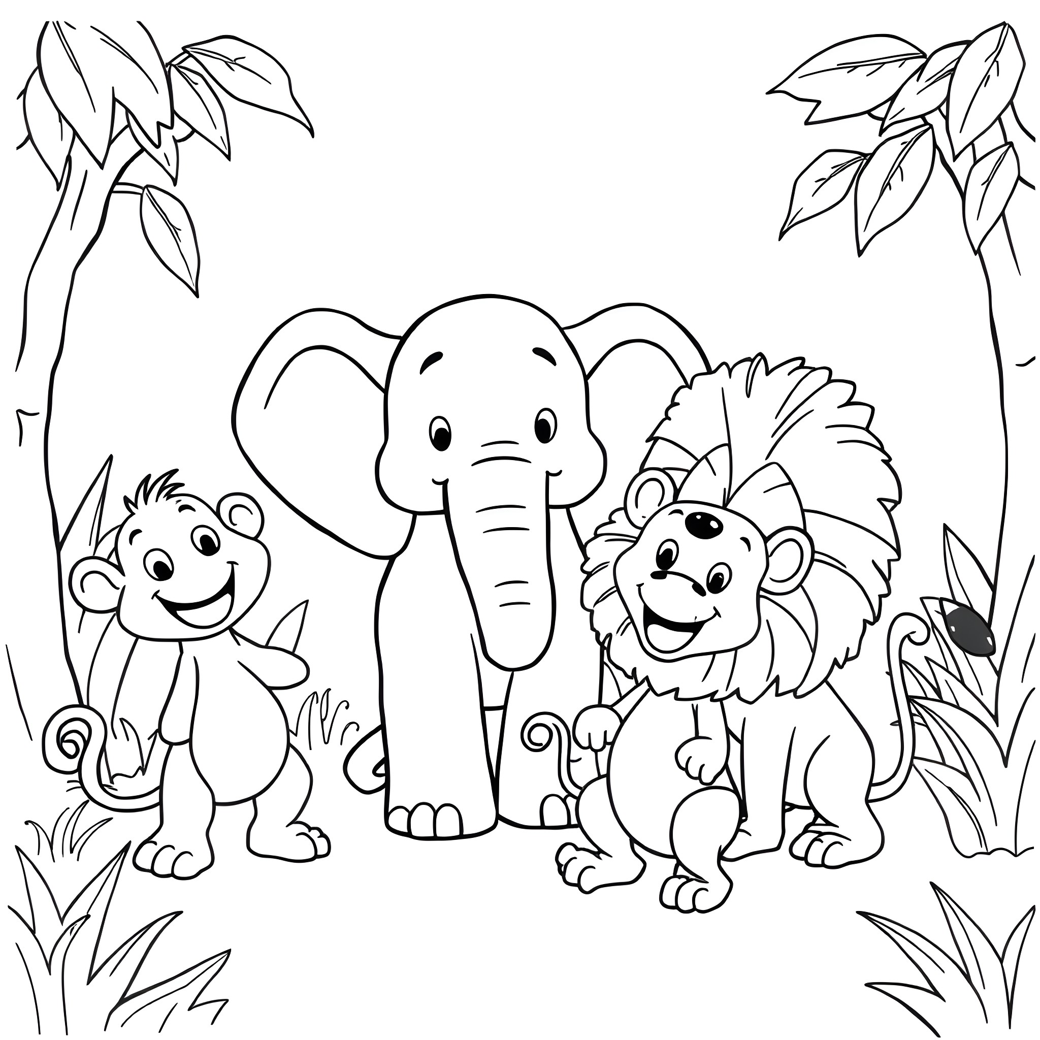 Animal friends in the jungle Coloring Page (free black-and-white line drawing printable PDF for all, from beginners to advanced learners, including children, teens, adults, and seniors)