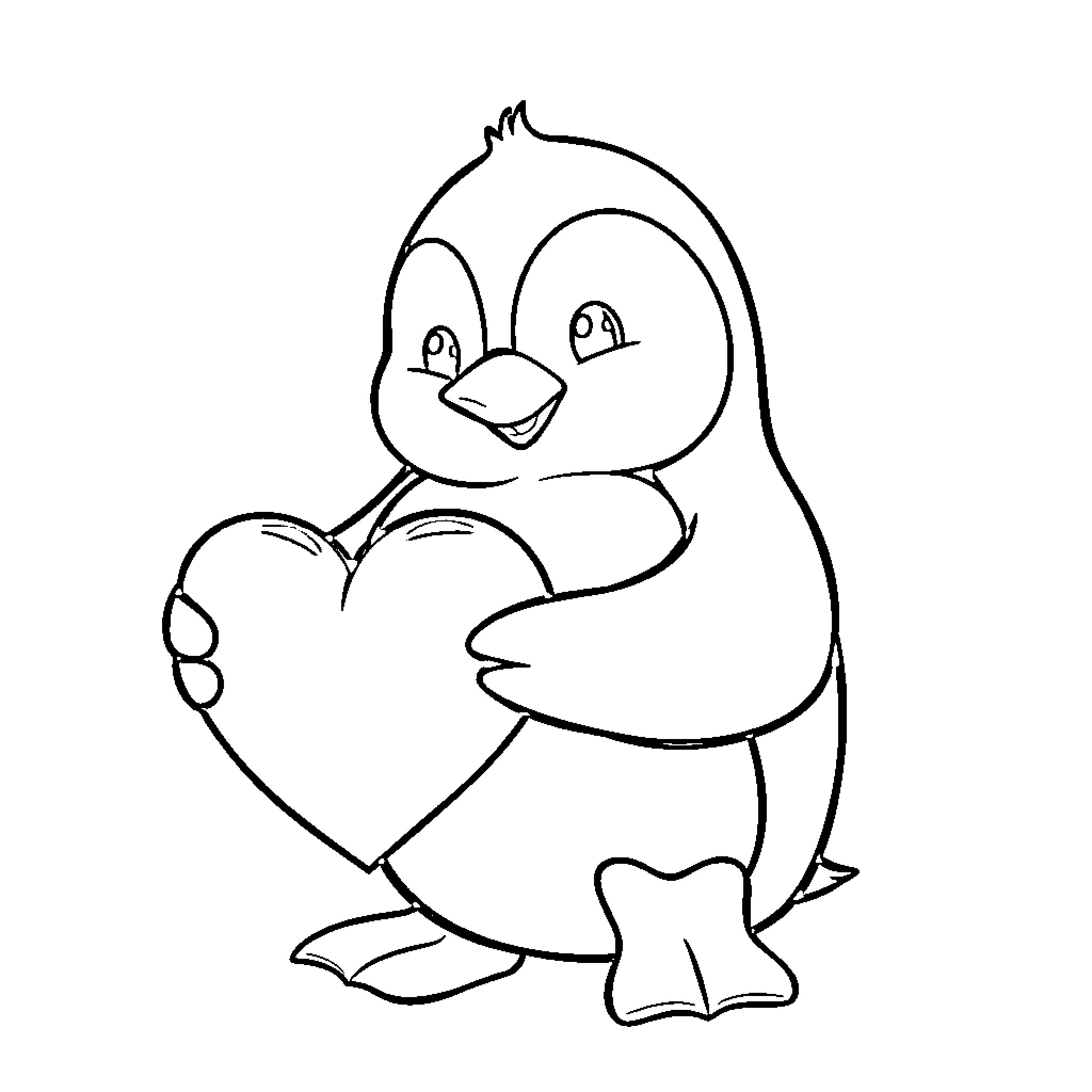 Penguin holding a heart-shaped object Coloring Page (free black-and-white line drawing printable PDF for all, from beginners to advanced learners, including children, teens, adults, and seniors)