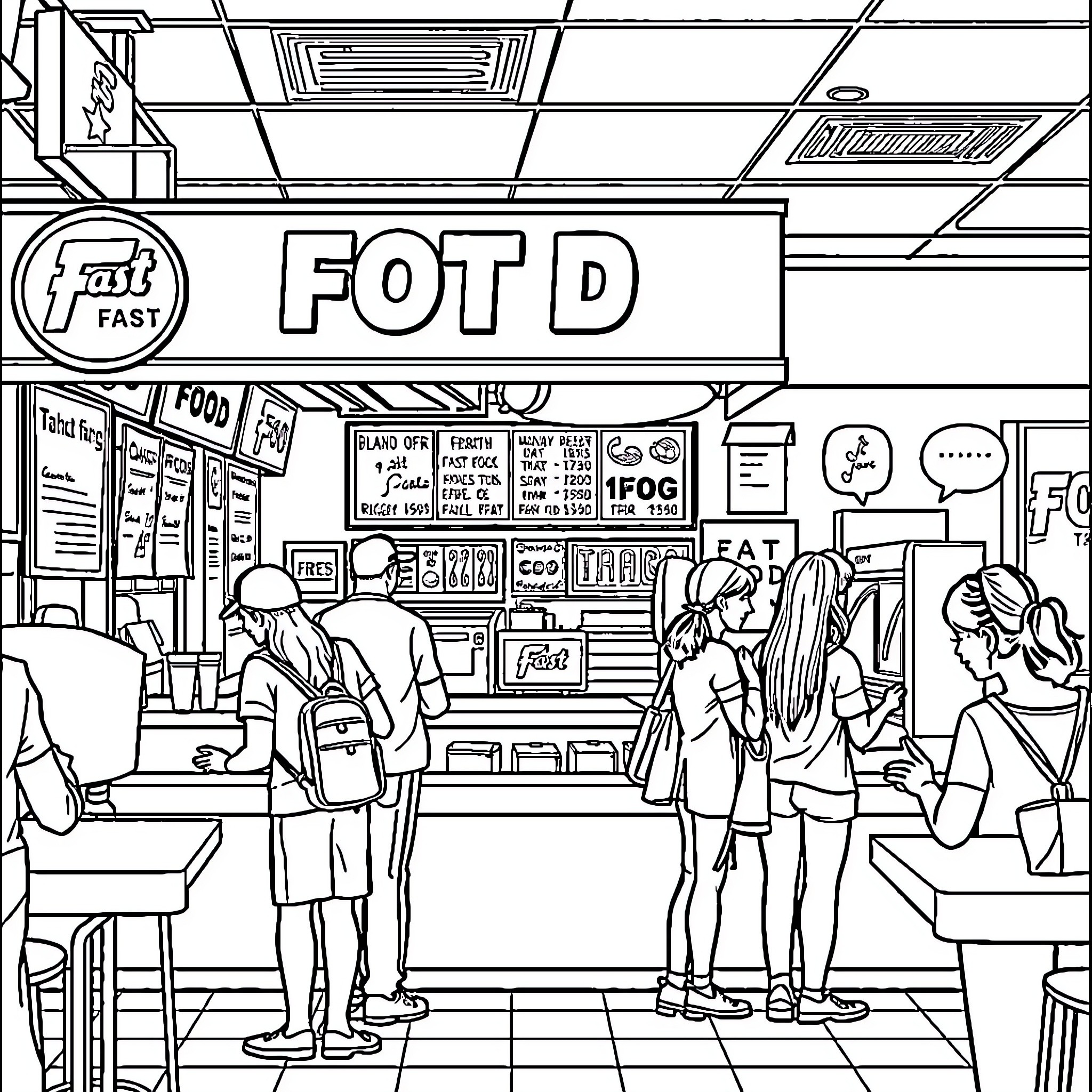Fast Food Restaurant Interior with Customers Coloring Page (free black-and-white line drawing printable PDF for all, from beginners to advanced learners, including children, teens, adults, and seniors)