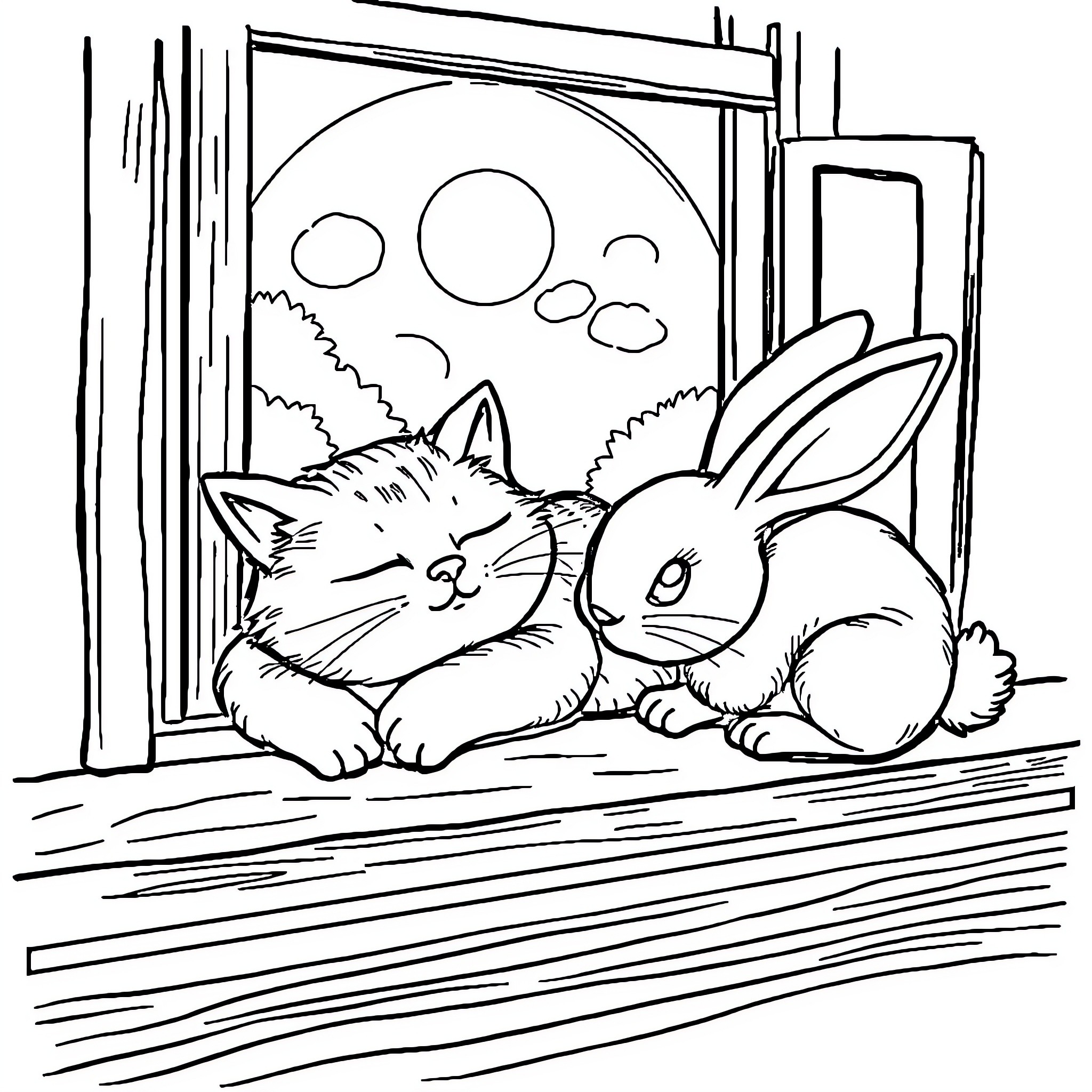 Cat and rabbit resting by the window Coloring Page (free black-and-white line drawing printable PDF for all, from beginners to advanced learners, including children, teens, adults, and seniors)