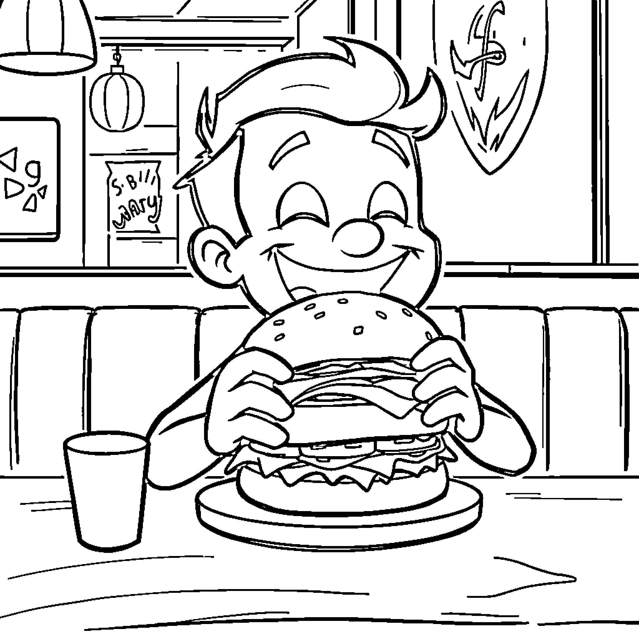 Felix Enjoying a Delightful Hamburger Coloring Page (free black-and-white line drawing printable PDF for all, from beginners to advanced learners, including children, teens, adults, and seniors)