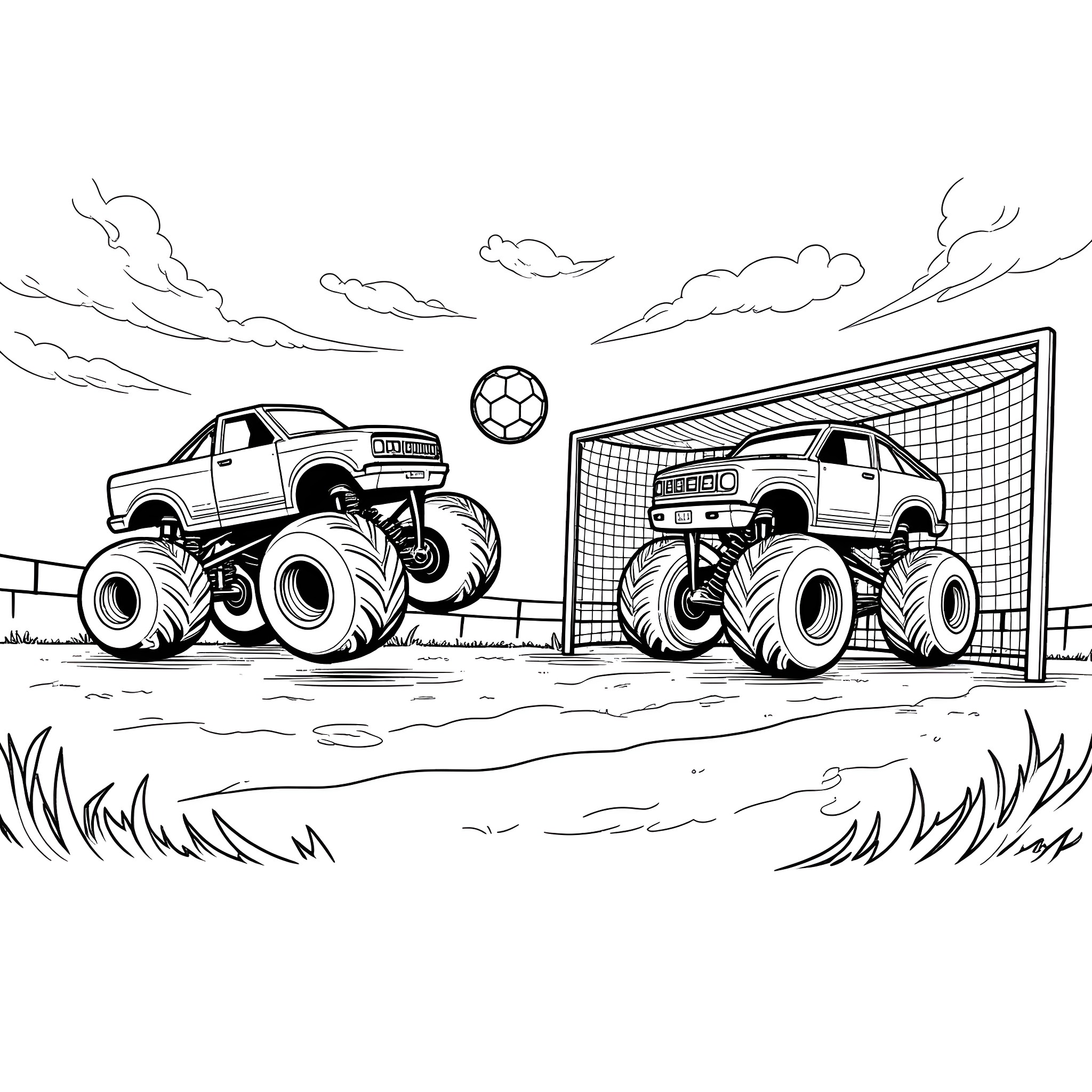 Monster Trucks Crushing Soccer Ball on the Field Coloring Page (free black-and-white line drawing printable PDF for all, from beginners to advanced learners, including children, teens, adults, and seniors)