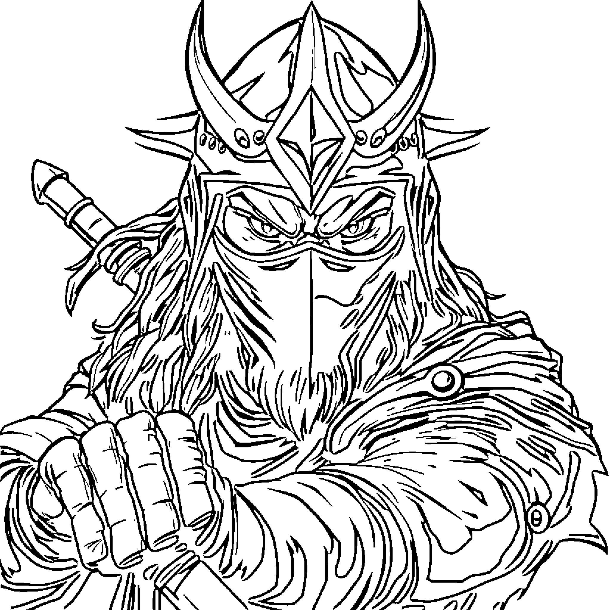 Viking Ninja Warrior in Fierce Battle Stance Coloring Page (free black-and-white line drawing printable PDF for all, from beginners to advanced learners, including children, teens, adults, and seniors)