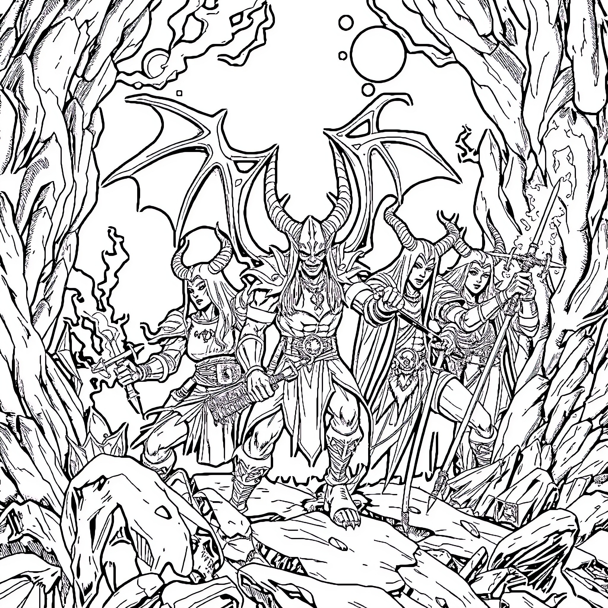 Demon Slayer: Fearsome Leader Commanding Loyal Forces Coloring Page (free black-and-white line drawing printable PDF for all, from beginners to advanced learners, including children, teens, adults, and seniors)
