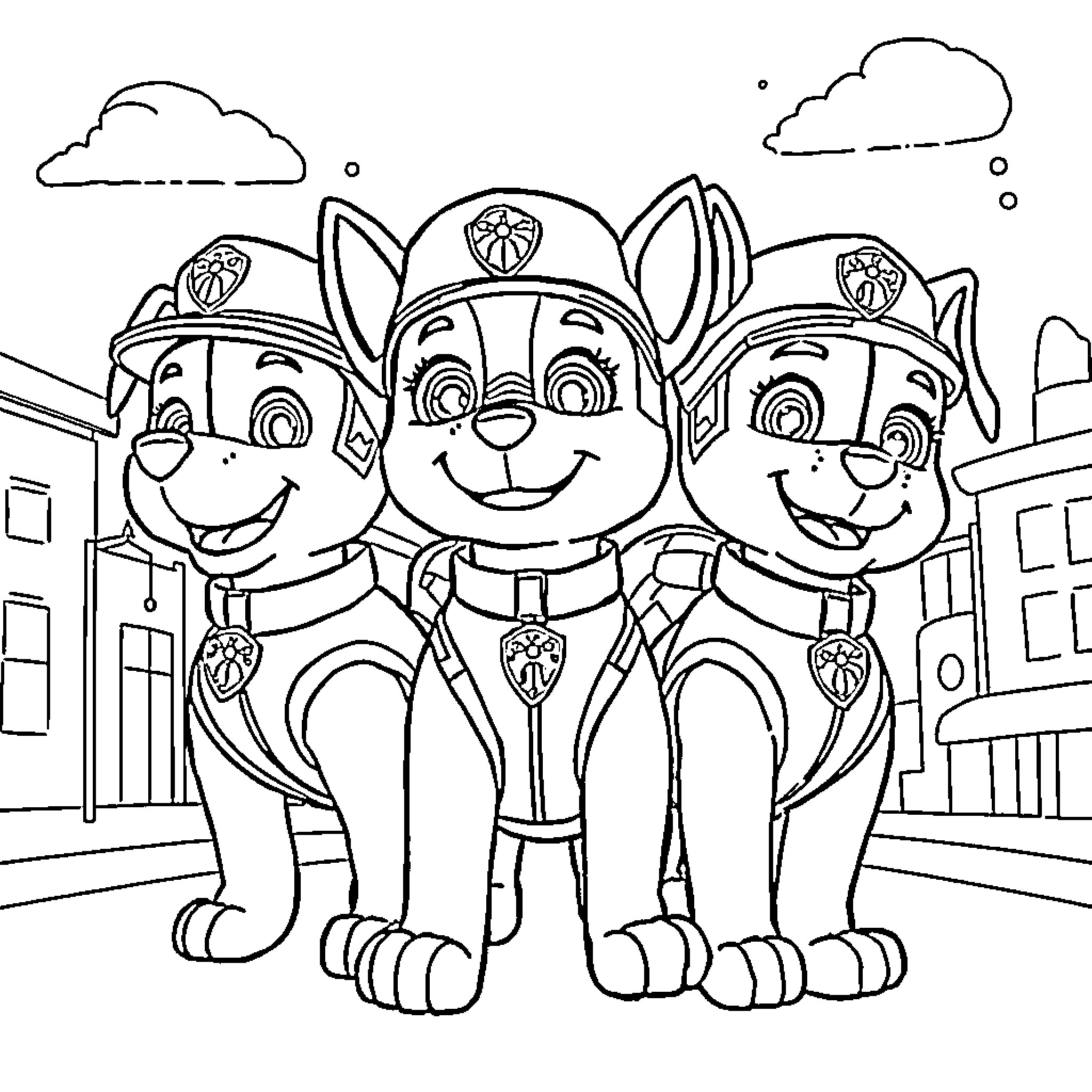 Paw Patrol Rescue Team in Action Coloring Page (free black-and-white line drawing printable PDF for all, from beginners to advanced learners, including children, teens, adults, and seniors)