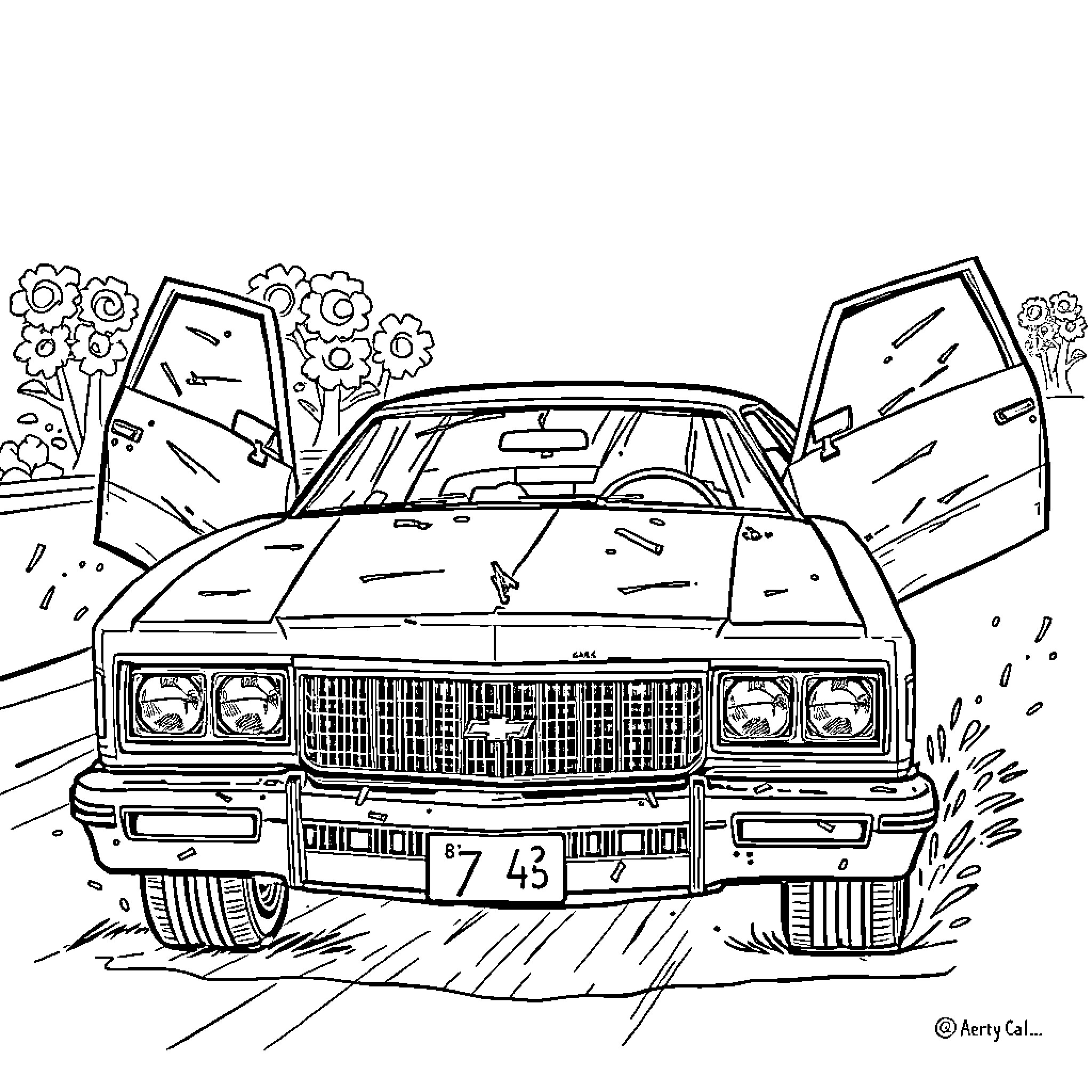 Chevy police car speeding through a field Coloring Page (free black-and-white line drawing printable PDF for all, from beginners to advanced learners, including children, teens, adults, and seniors)