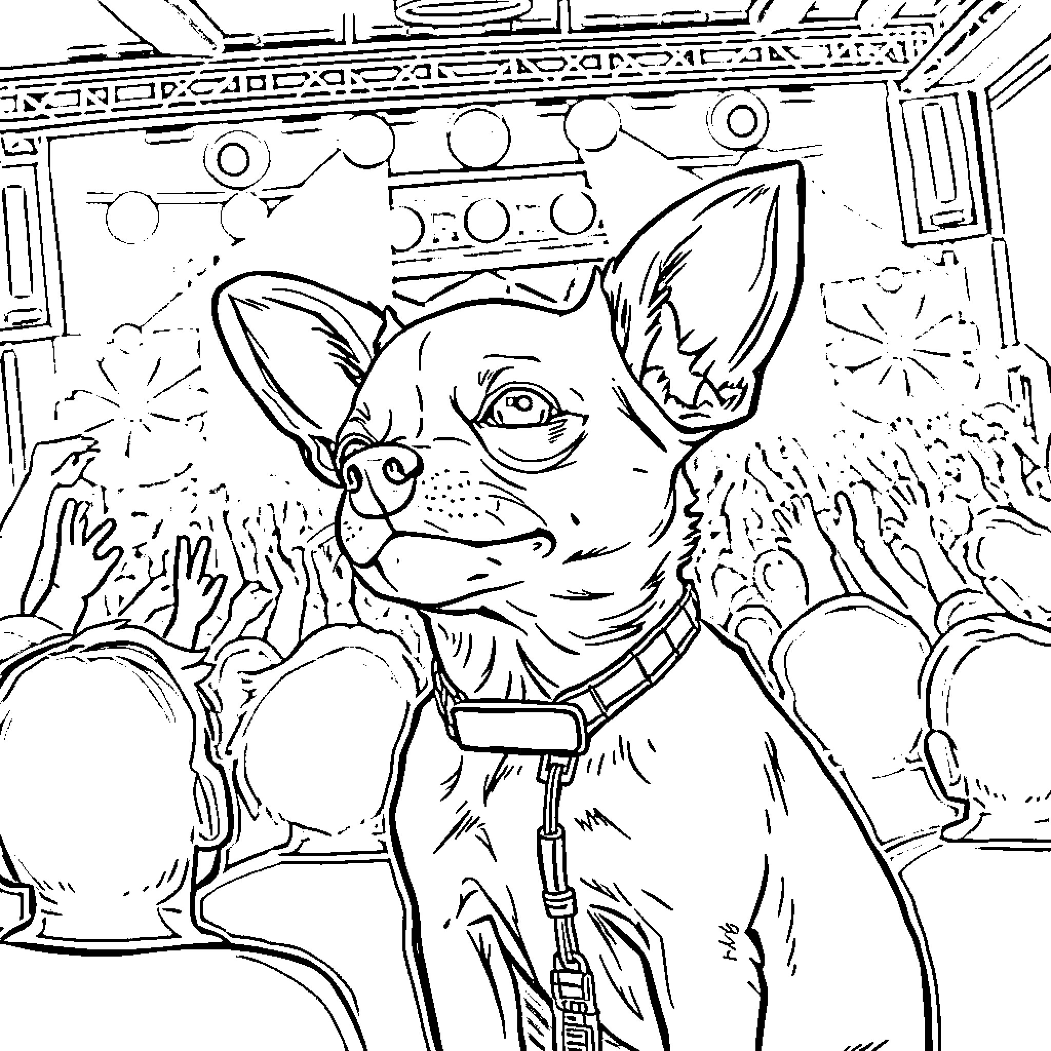 Chihuahua performing on a stage with a crowd Coloring Page (free black-and-white line drawing printable PDF for all, from beginners to advanced learners, including children, teens, adults, and seniors)
