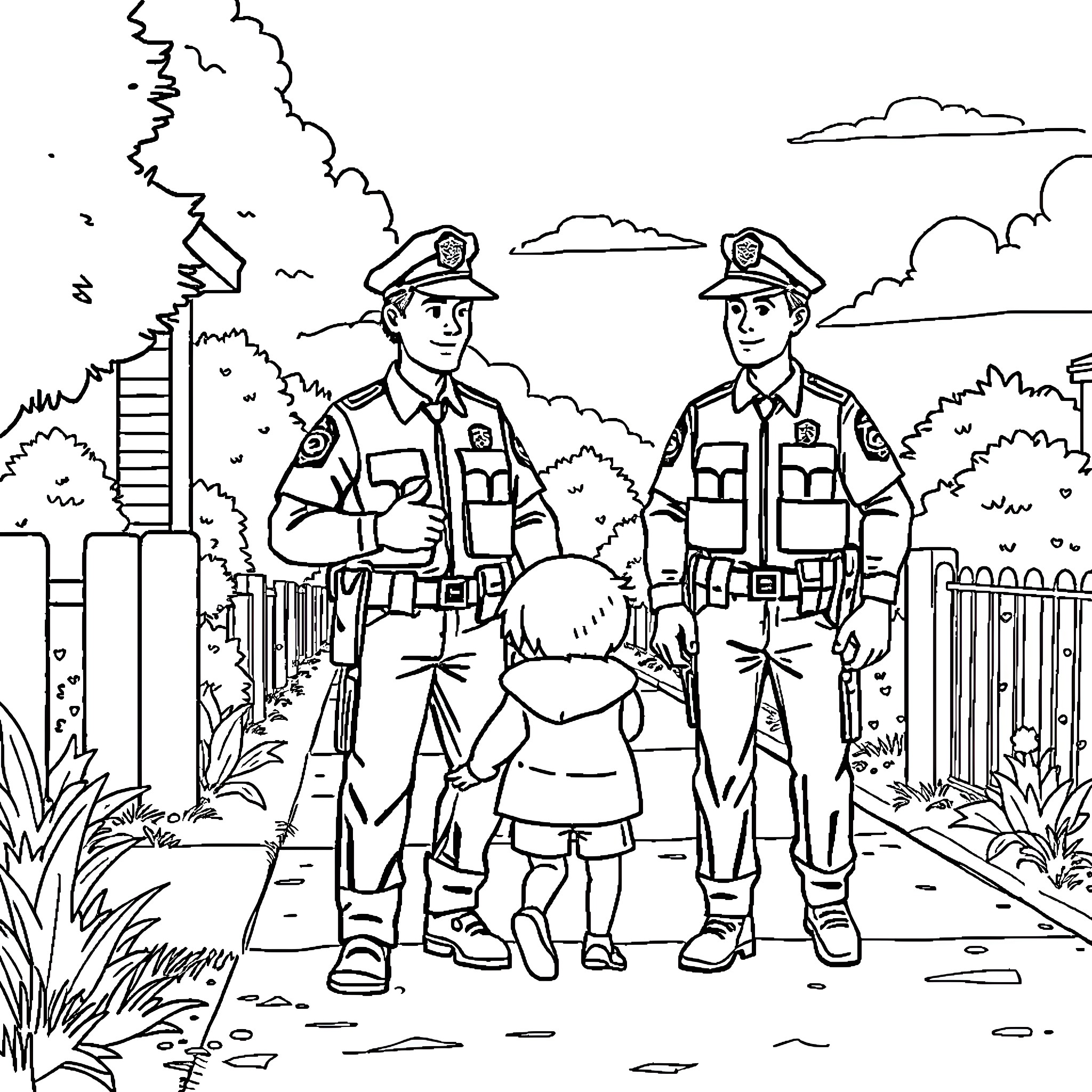 Police Officers Interacting with Child in Outdoor Setting Coloring Page (free black-and-white line drawing printable PDF for all, from beginners to advanced learners, including children, teens, adults, and seniors)
