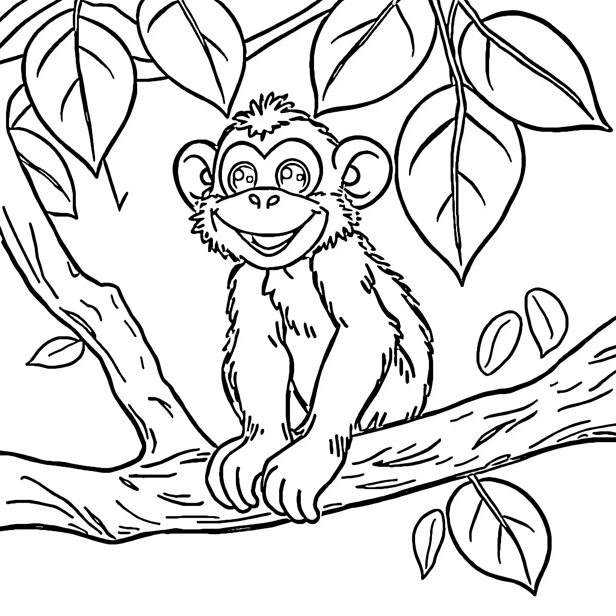 Monkey sitting happily in the jungle Coloring Page (free black-and-white line drawing printable PDF for all, from beginners to advanced learners, including children, teens, adults, and seniors)