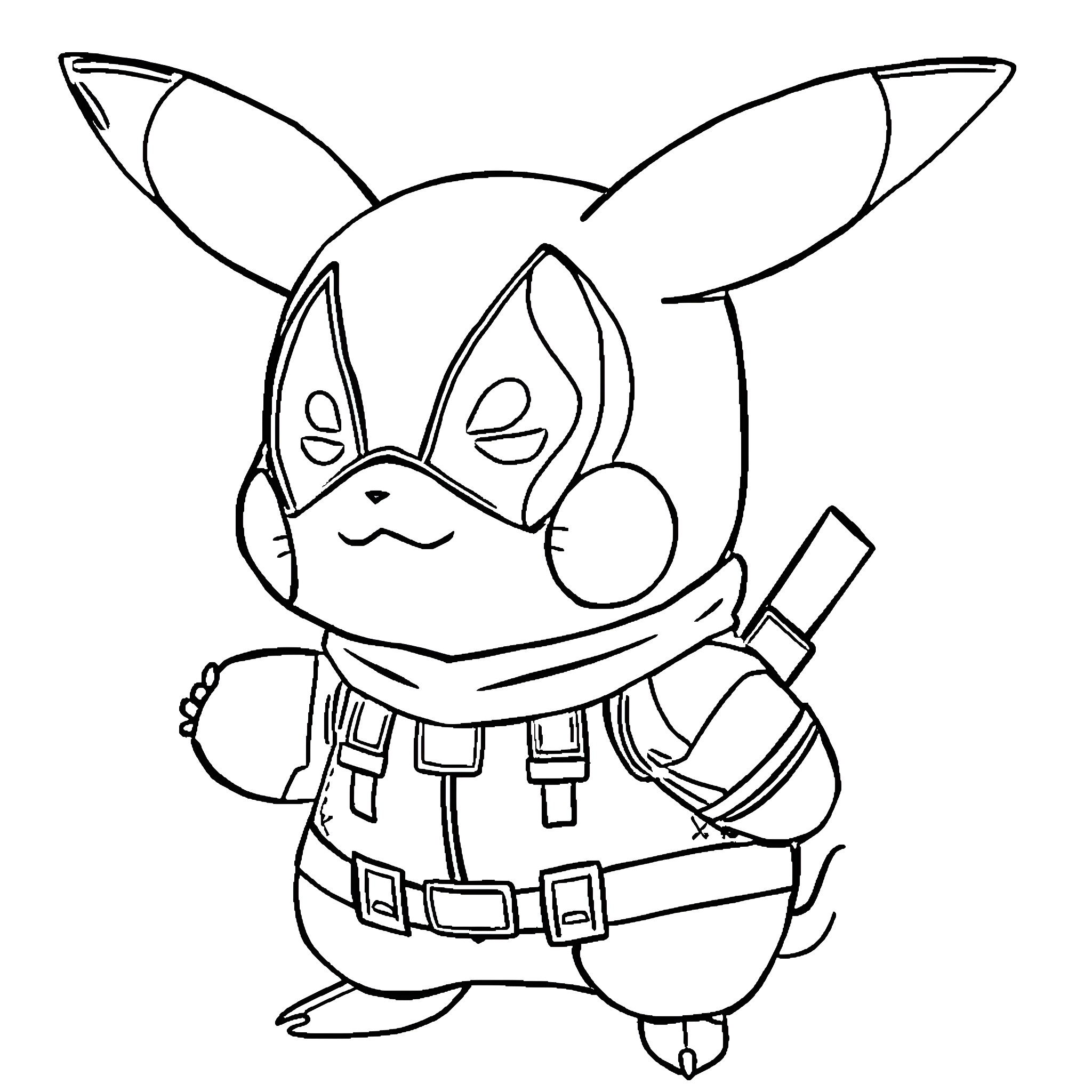 Pikachu in a Cute Costume Coloring Page (free black-and-white line drawing printable PDF for all, from beginners to advanced learners, including children, teens, adults, and seniors)