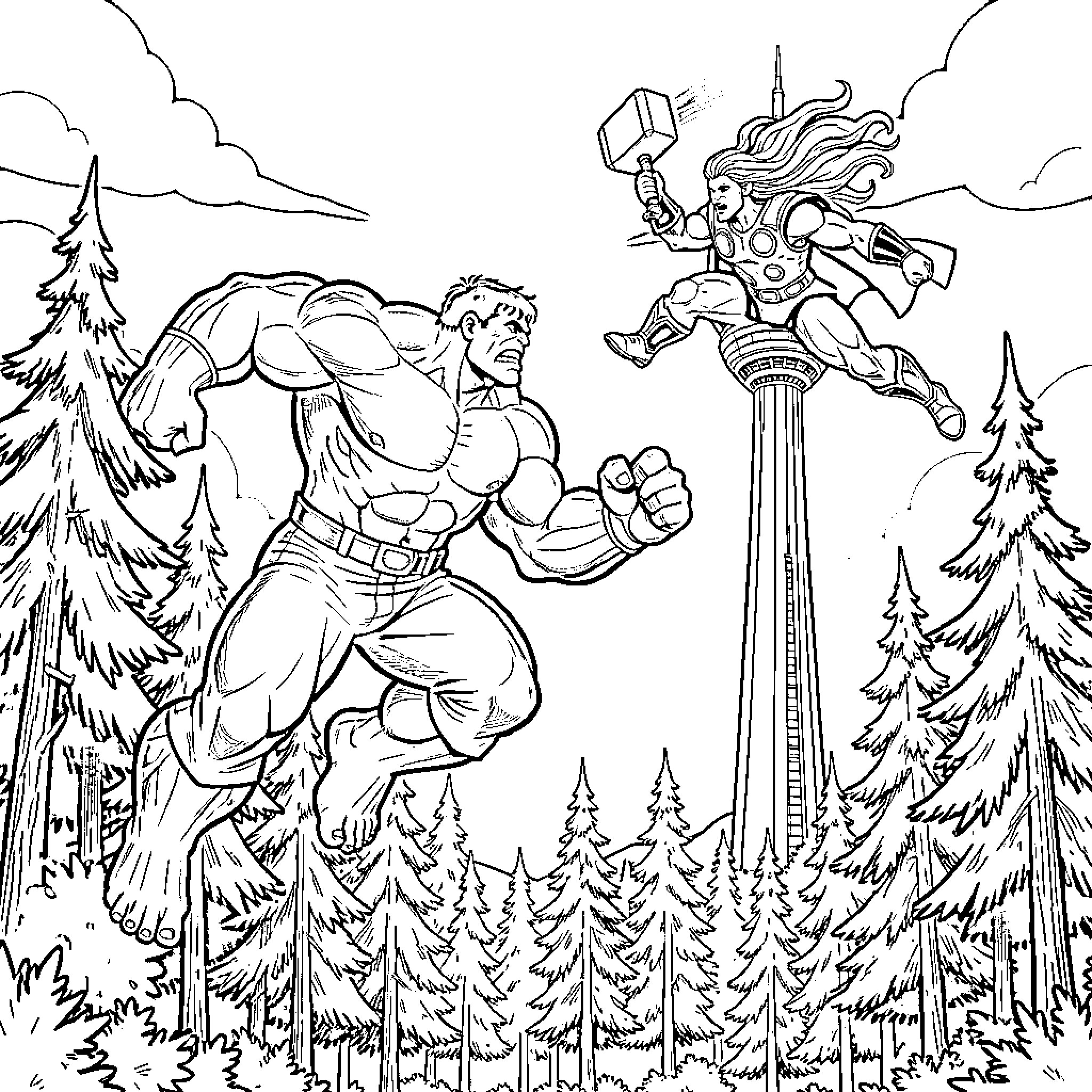 Hulk battling a mighty hero with a hammer in a forested scene Coloring Page (free black-and-white line drawing printable PDF for all, from beginners to advanced learners, including children, teens, adults, and seniors)