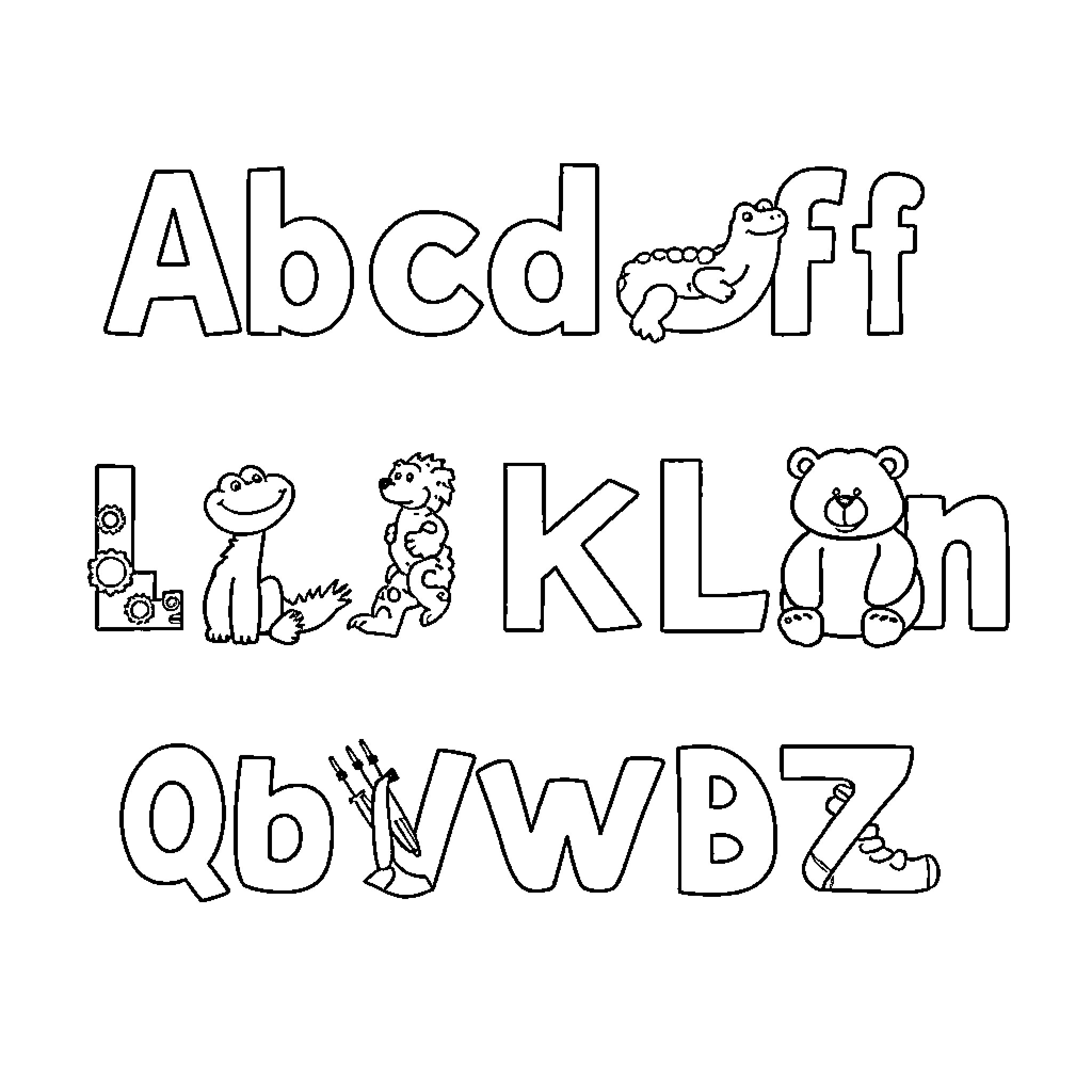 Letter with Doodle Animal Alphabet Coloring Page (free black-and-white line drawing printable PDF for all, from beginners to advanced learners, including children, teens, adults, and seniors)