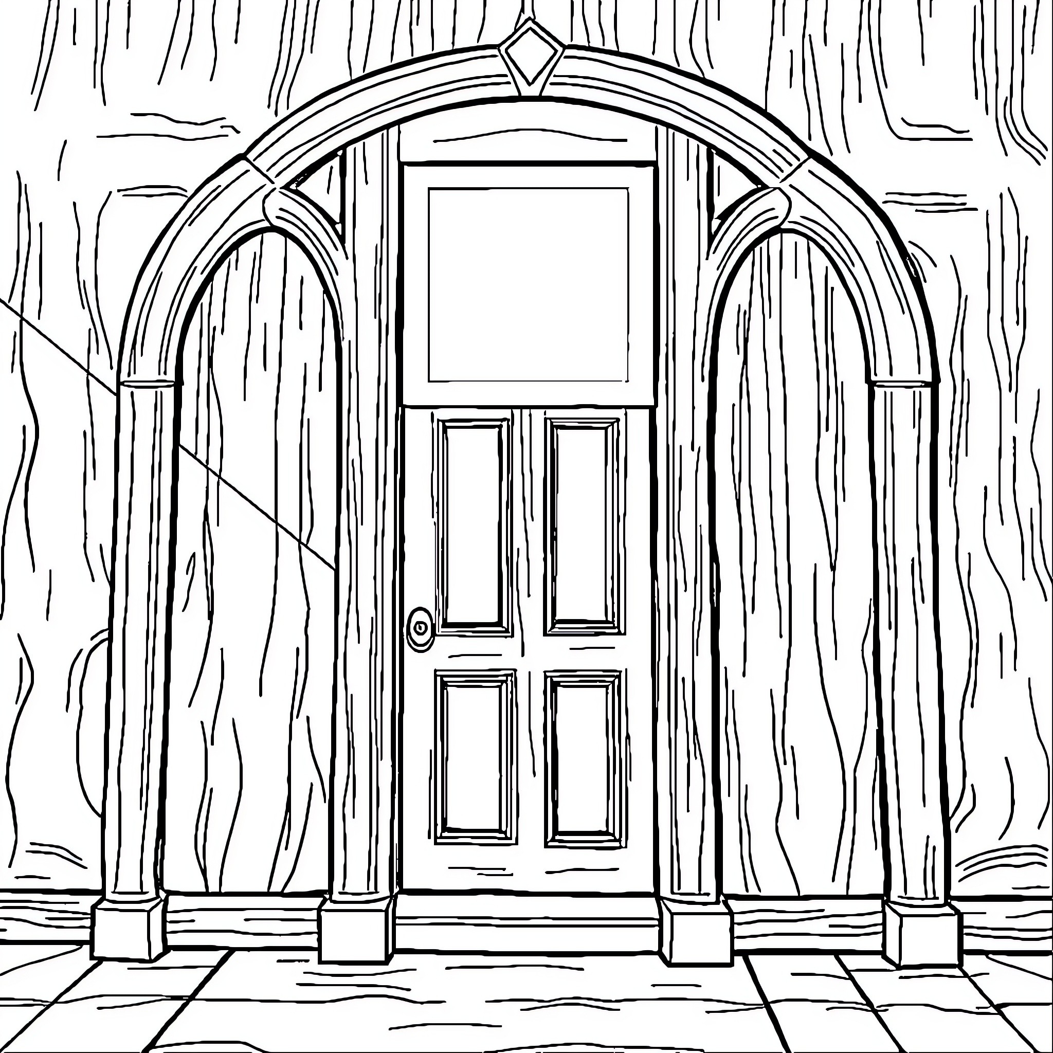 Letrero de una puerta de entrada ornamentada Coloring Page (free black-and-white line drawing printable PDF for all, from beginners to advanced learners, including children, teens, adults, and seniors)