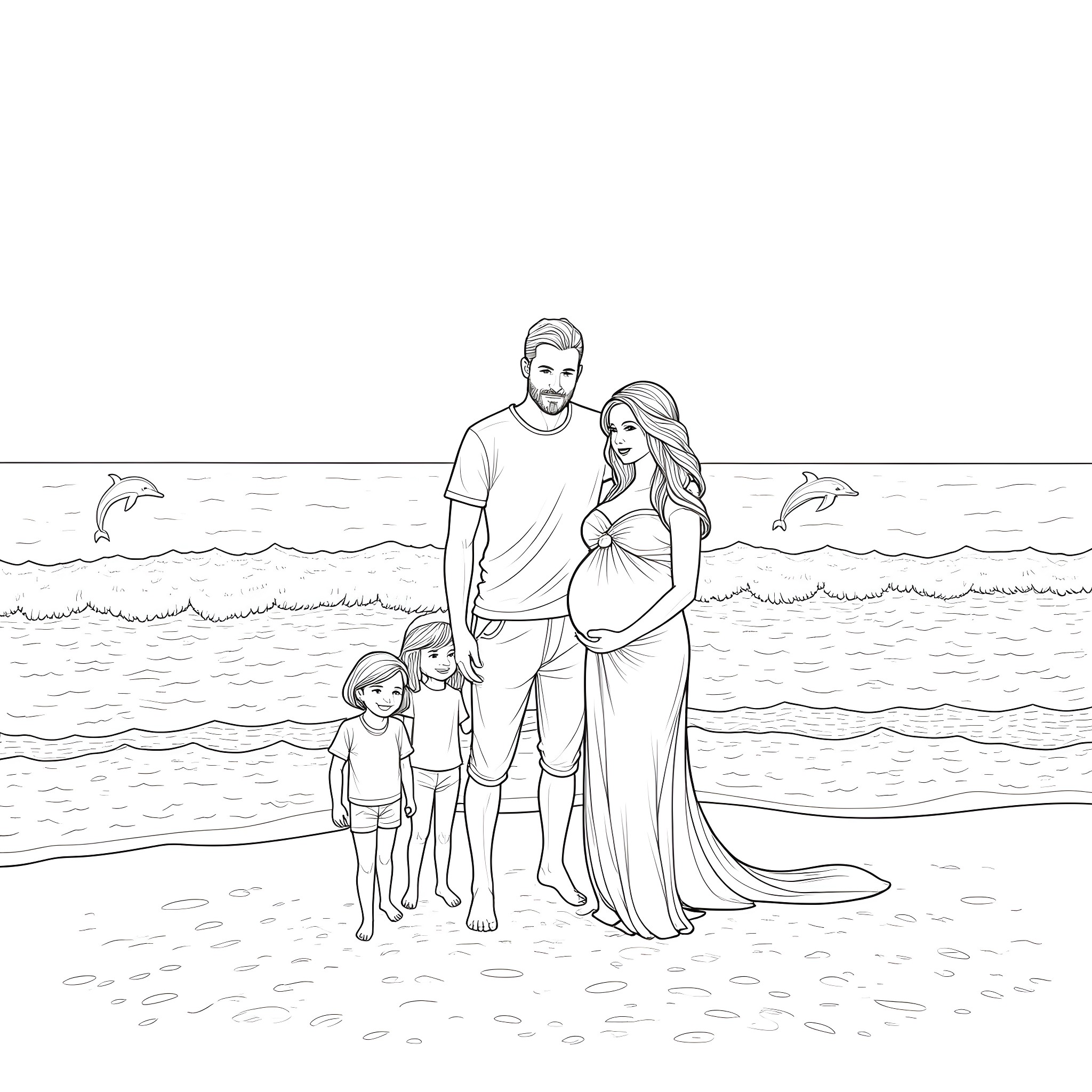 Man and pregnant woman with young child enjoy beach Coloring Page (free black-and-white line drawing printable PDF for all, from beginners to advanced learners, including children, teens, adults, and seniors)