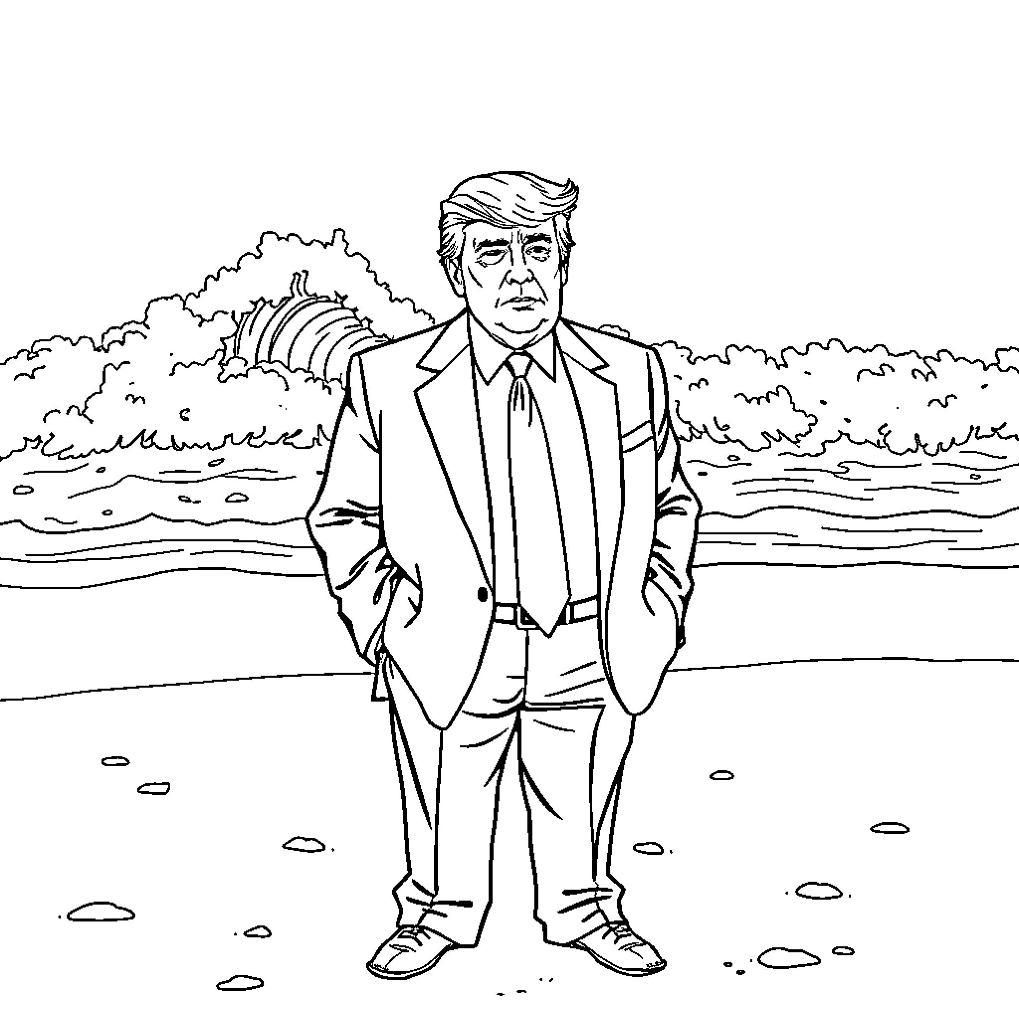 Trump posing confidently in a formal outfit Coloring Page (free black-and-white line drawing printable PDF for all, from beginners to advanced learners, including children, teens, adults, and seniors)