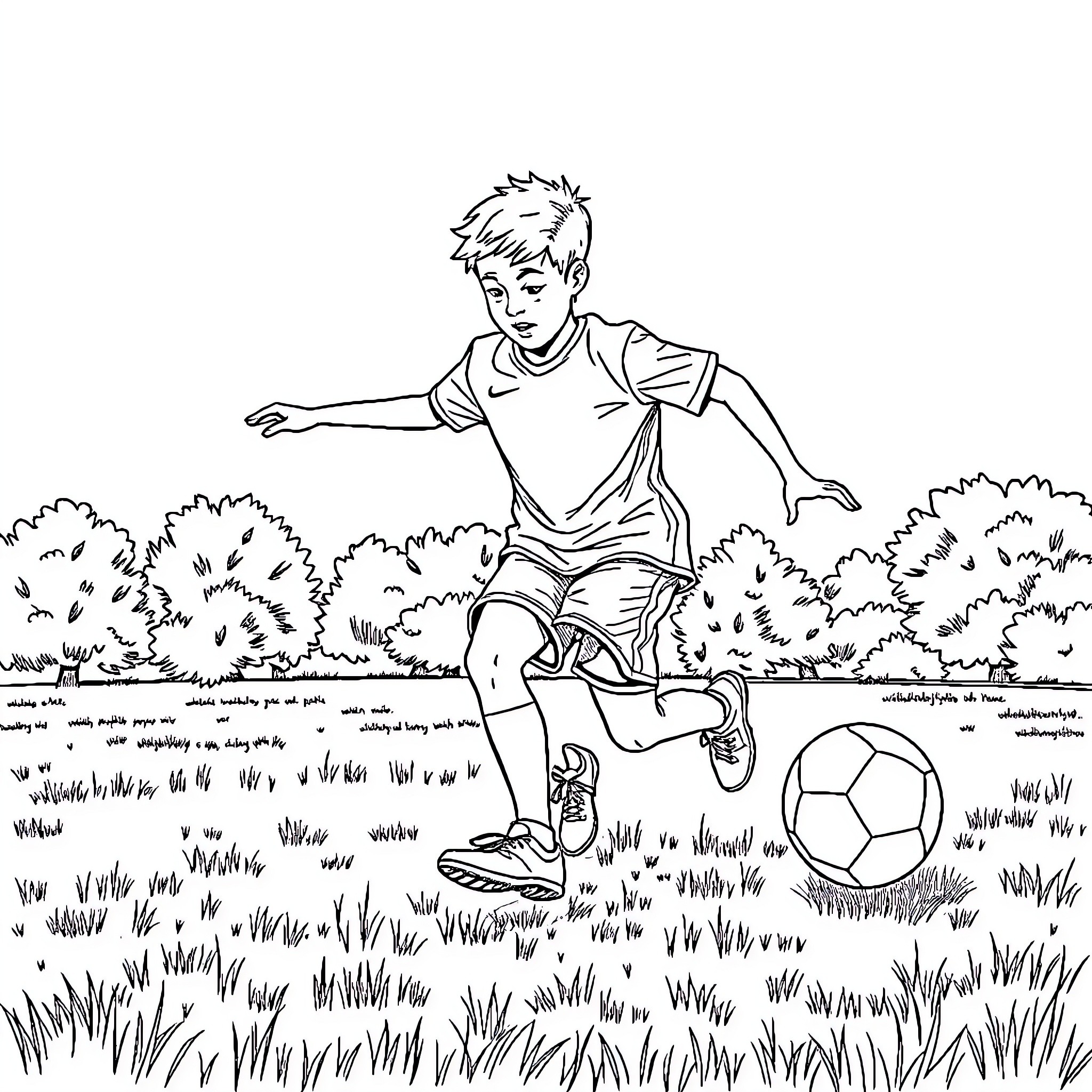 Student playing soccer in the park Coloring Page (free black-and-white line drawing printable PDF for all, from beginners to advanced learners, including children, teens, adults, and seniors)