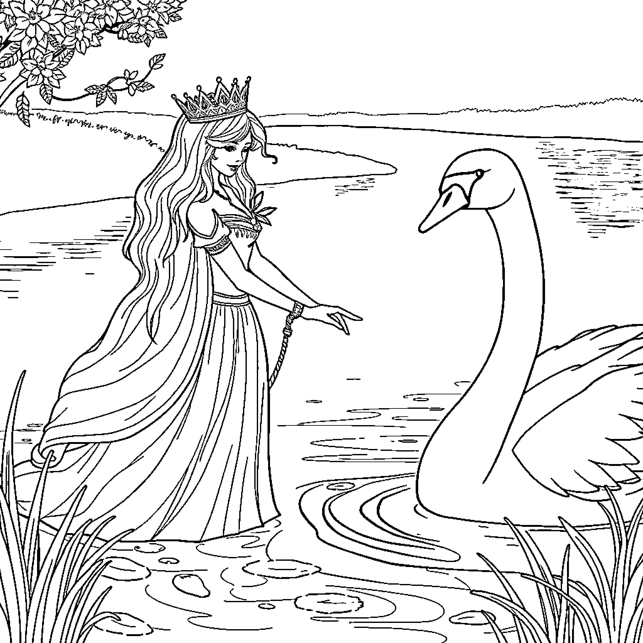 Swan Maiden Interacting with a Swan by the Lakeside Coloring Page (free black-and-white line drawing printable PDF for all, from beginners to advanced learners, including children, teens, adults, and seniors)