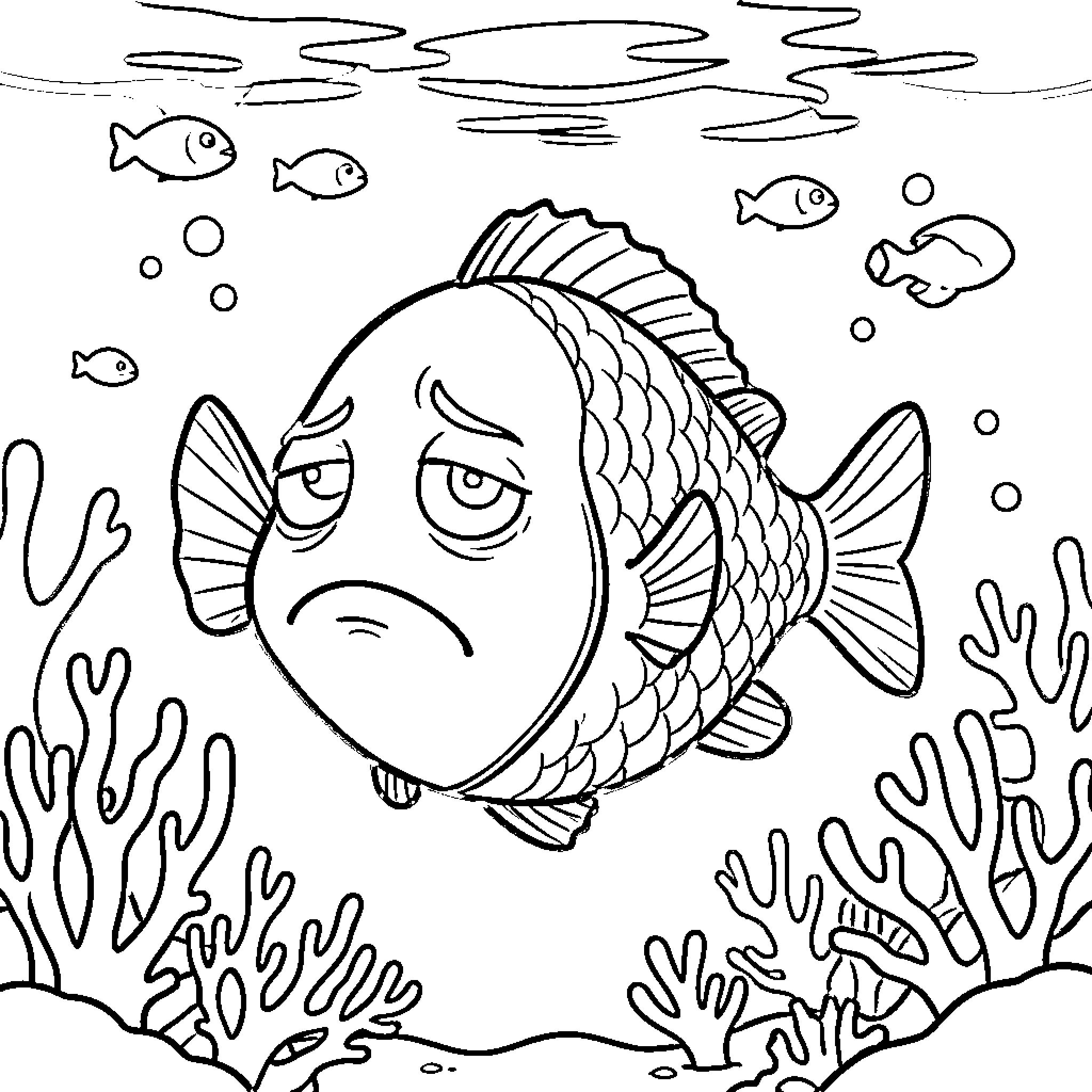 Pout Pout Fish feeling sad in the underwater scene Coloring Page (free black-and-white line drawing printable PDF for all, from beginners to advanced learners, including children, teens, adults, and seniors)
