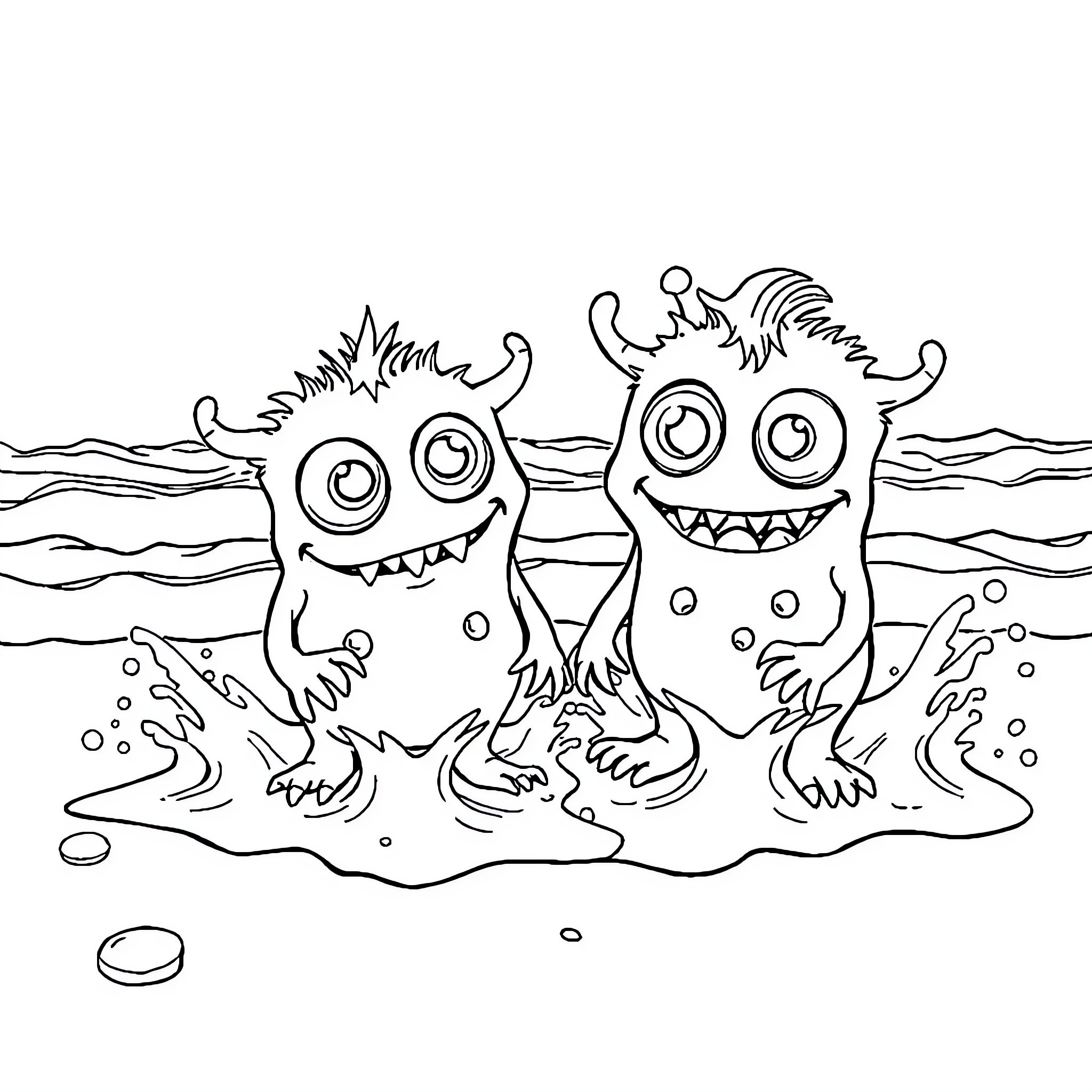 Monster creatures playing and splashing in the water Coloring Page (free black-and-white line drawing printable PDF for all, from beginners to advanced learners, including children, teens, adults, and seniors)