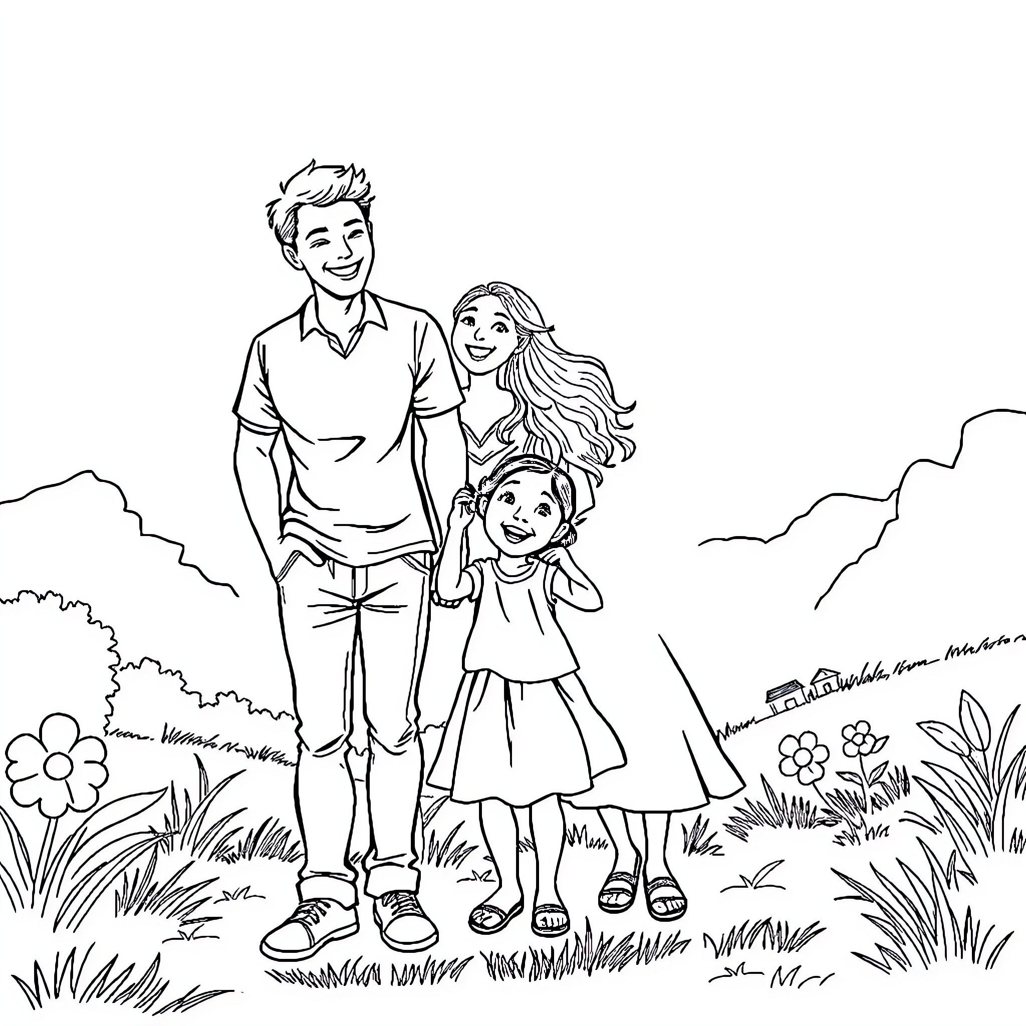 Family enjoying outdoor nature scene together Coloring Page (free black-and-white line drawing printable PDF for all, from beginners to advanced learners, including children, teens, adults, and seniors)