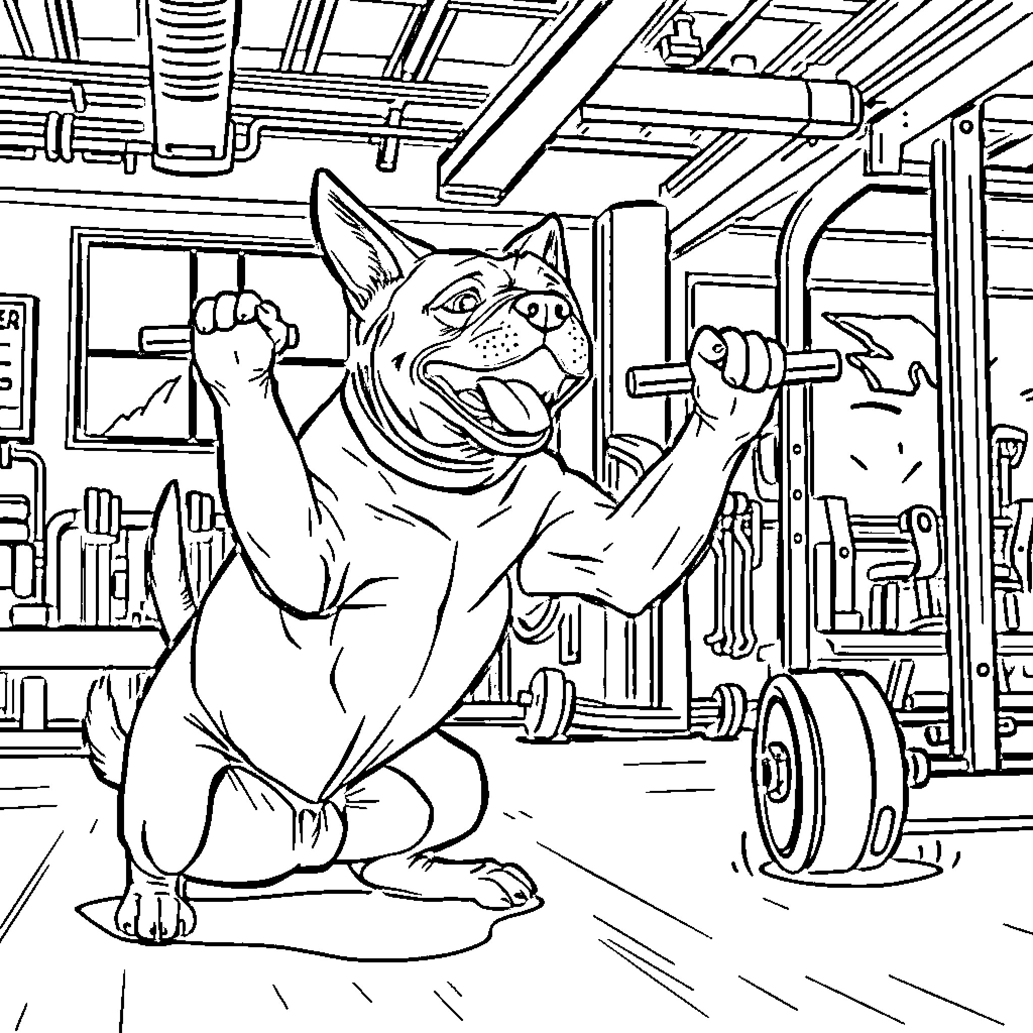 Dog Lifting Weights in a Garage Workshop Coloring Page (free black-and-white line drawing printable PDF for all, from beginners to advanced learners, including children, teens, adults, and seniors)