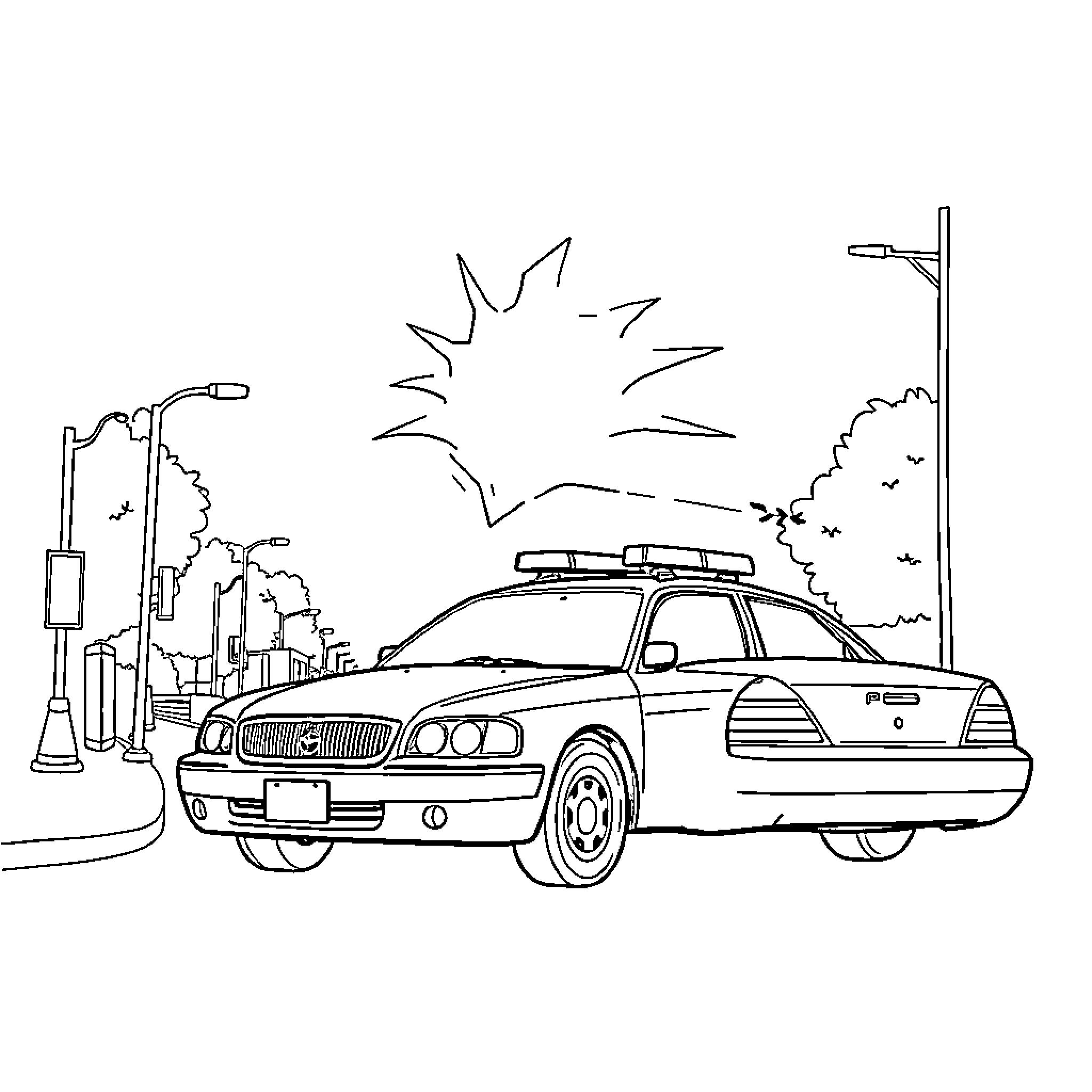 Police Siren flashing on a car driving through a street Coloring Page (free black-and-white line drawing printable PDF for all, from beginners to advanced learners, including children, teens, adults, and seniors)