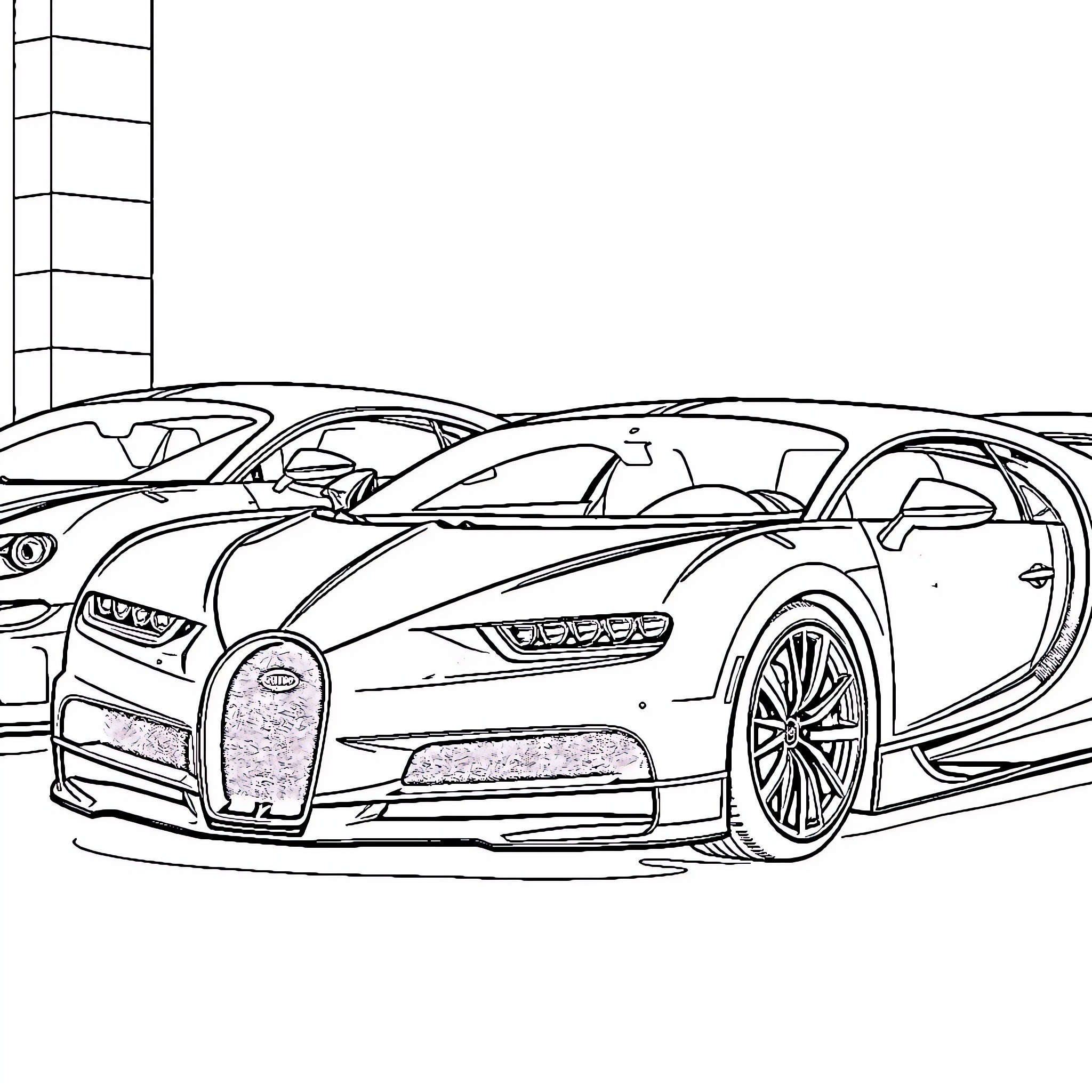 Bugatti luxury sports cars in a showroom Coloring Page (free black-and-white line drawing printable PDF for all, from beginners to advanced learners, including children, teens, adults, and seniors)